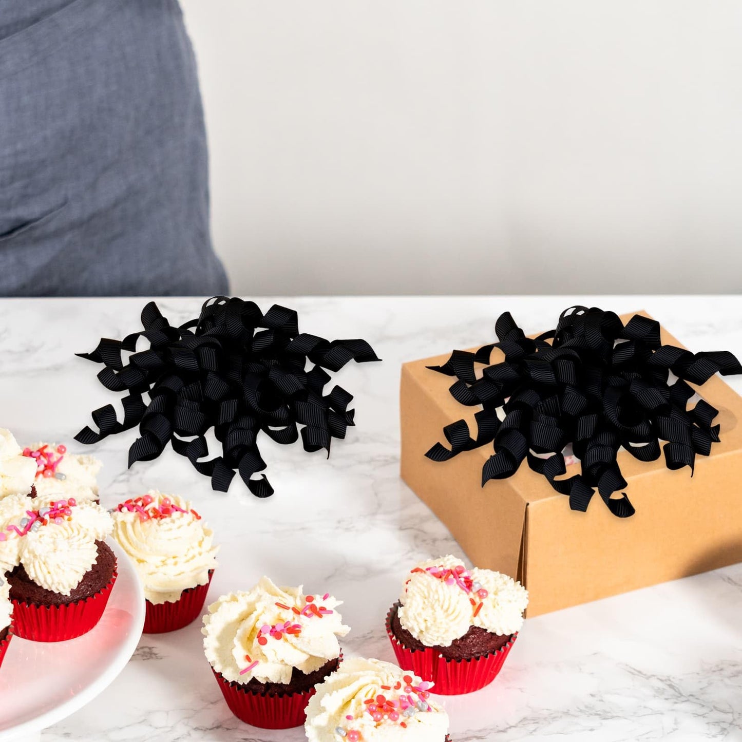 YKW Classic Black Curly Gift Bows for Wrapping - 6 Pack Large 4" Self Adhesive Grosgrain Ribbon Bows for Elegant Presents, Graduation, Birthday & Formal Gift Decorations