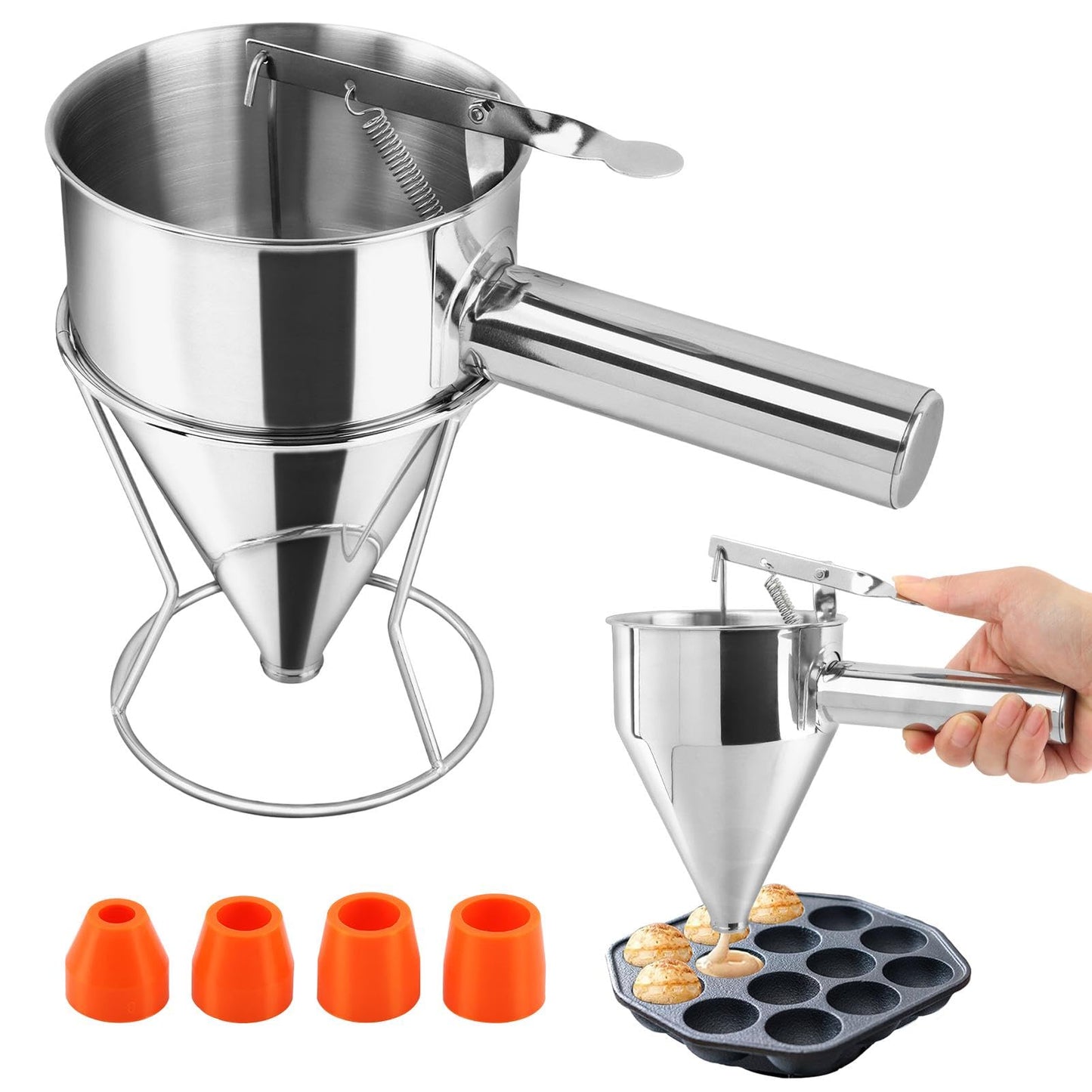 Pancake Batter Dispenser, Stainless Steel Funnel Cake Dispenser with with Squeeze Handle & Stand for Cupcakes, Pancakes, Takoyaki, Waffle and Baked Goods(Size:S,600ml)