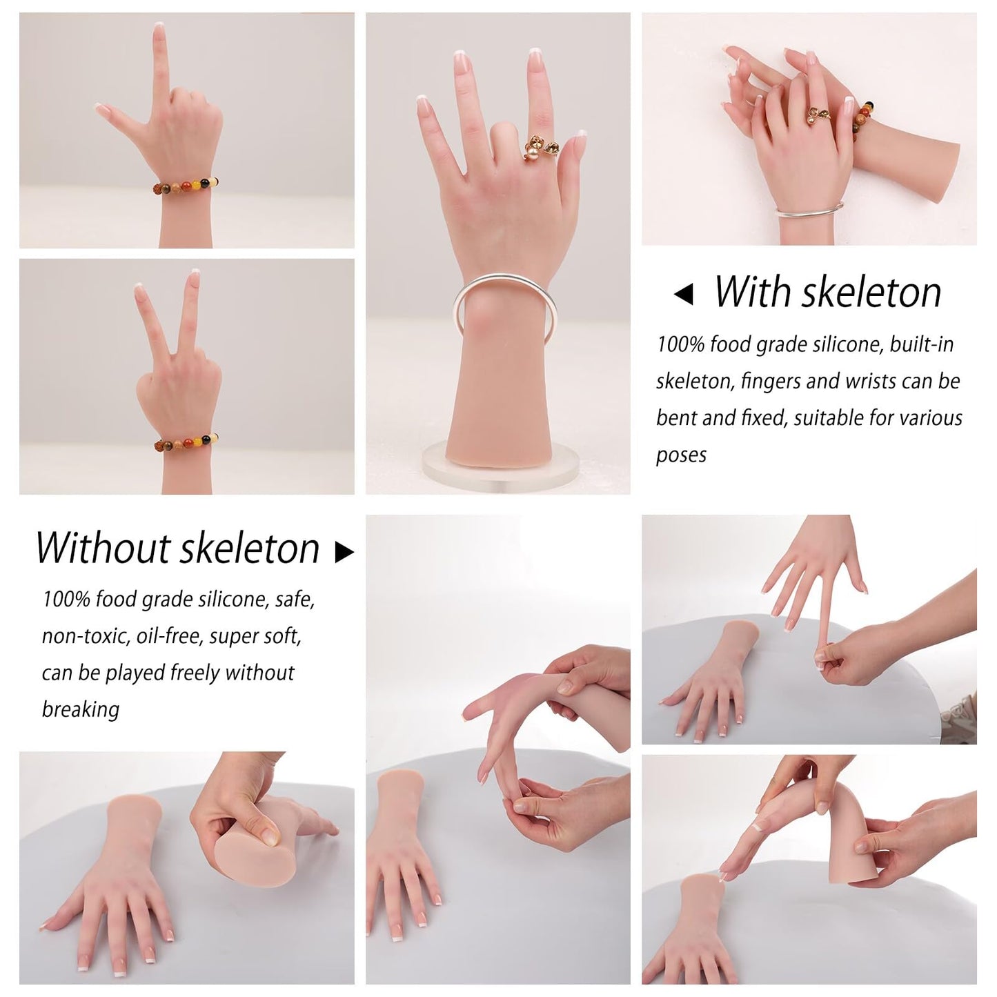 MOTLEYBEAN Realistic Silicone Female Hand Life Size Female Model Hand for Showing Jewelry Pranksters Halloween Props Photography Props (Nude,Right Hand-Without Skeleton)