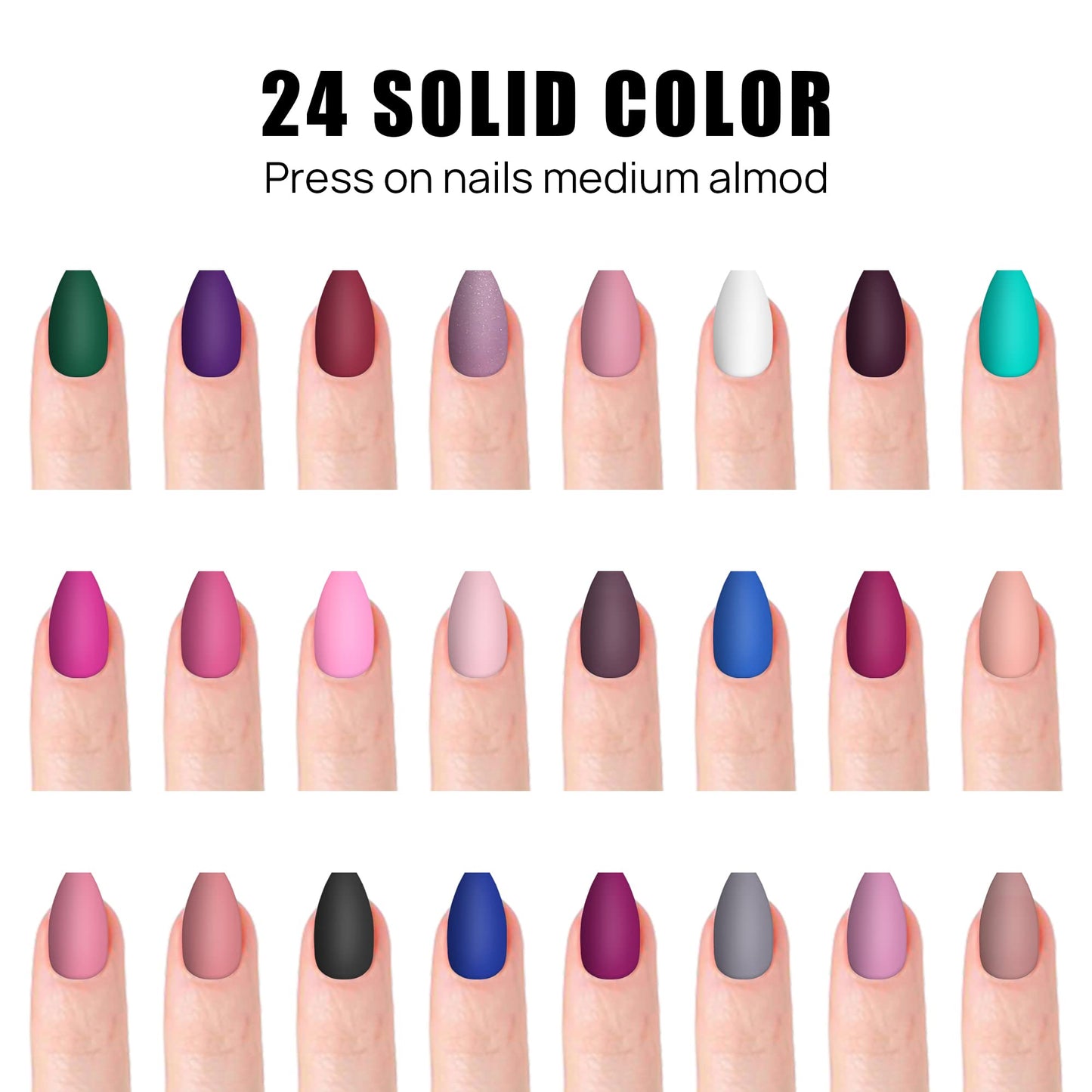 LADYING Press On Nails, 576 Pcs Medium Length Square False Nails with Matte Finish, 24 Color Sets, Acrylic ABS Material, Includes Nail Glue, Adhesive Tabs,and File