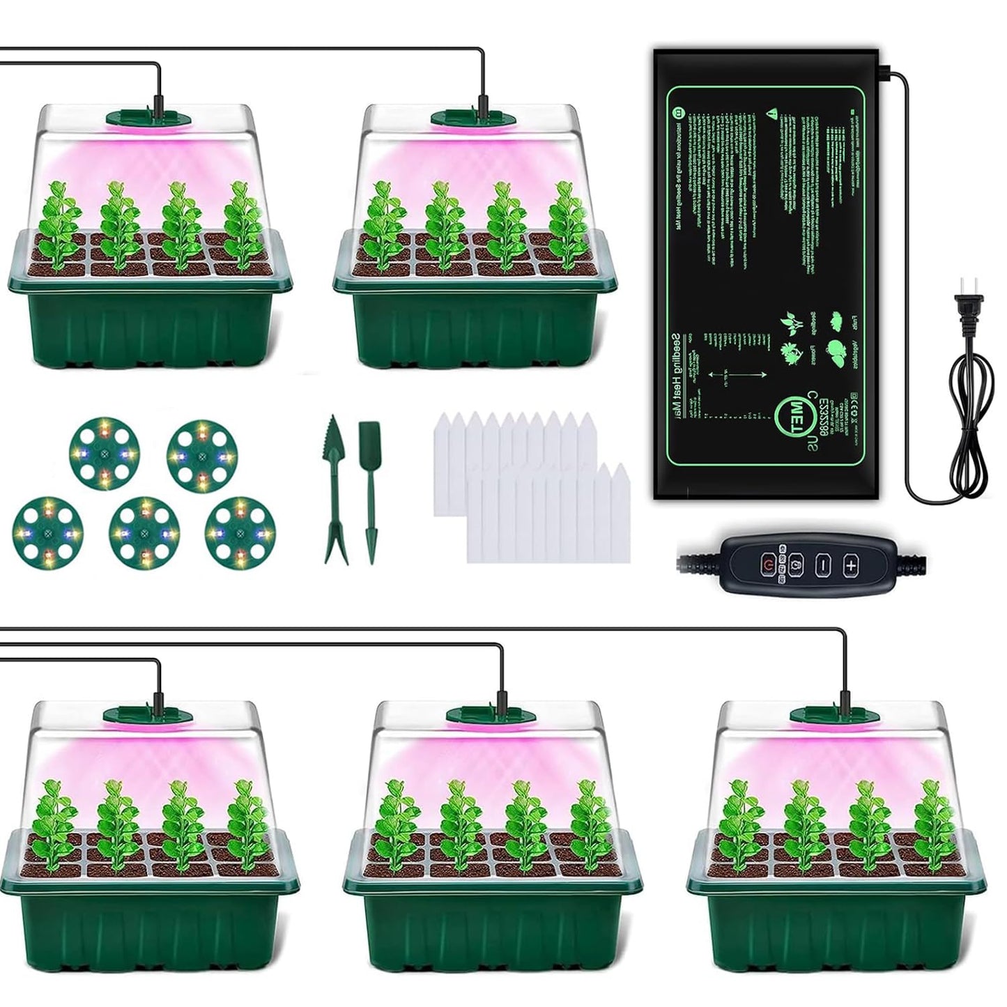 FINEST+ Seed Starter Tray with Heat Mat and Grow Light,5 Pack Seedling Starter Trays with Time Controller,Seedling Starter Tray with Adjustable Brightness,Seed Starting Kit with Adjustable Humidity