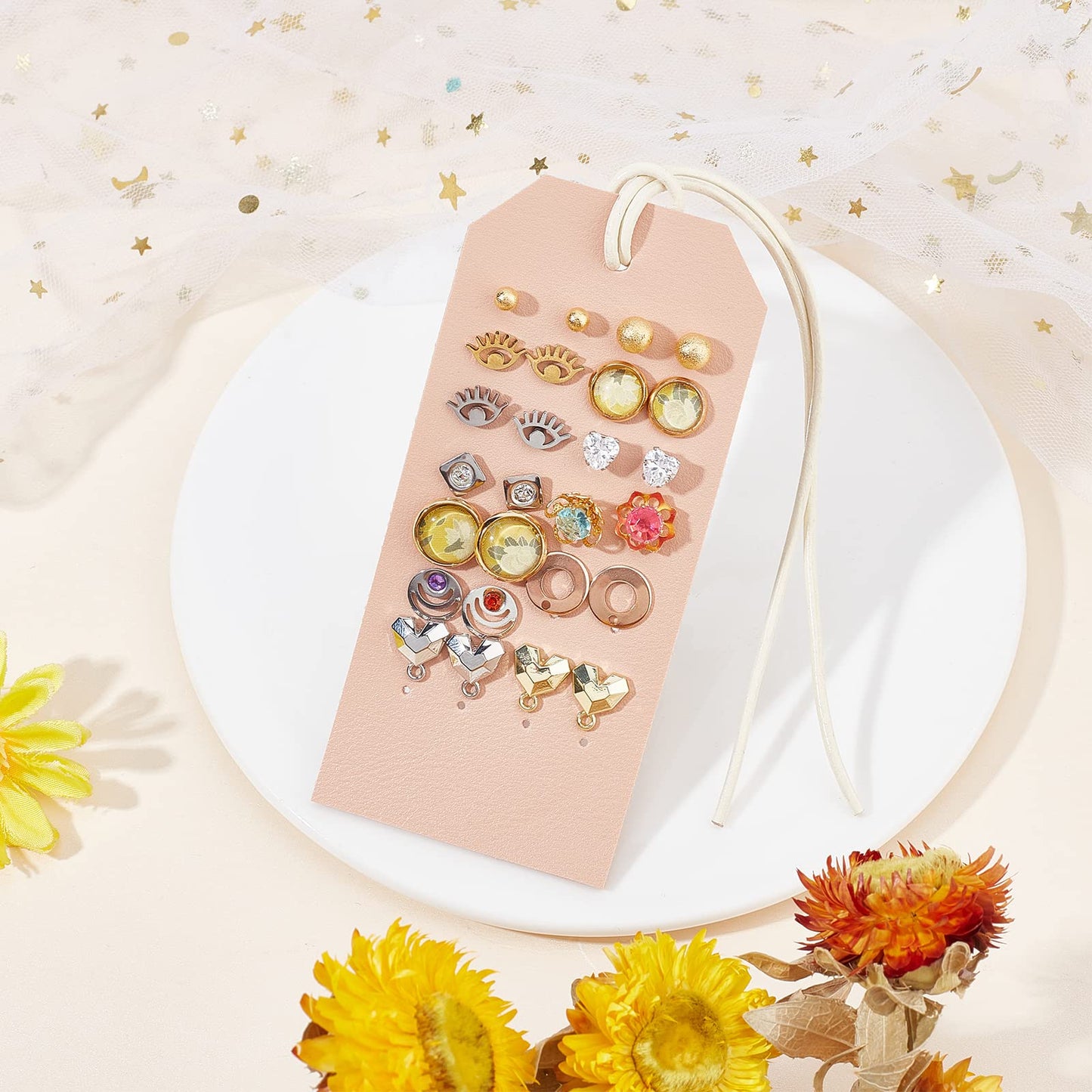 OLYCRAFT 7Pcs Portable Leather Earring Holders Pierced Earring Display Card Leather Stud Holder Earring Organizer Hanging Jewelry Cards for Home Travel Earrings Stud Jewelry Storage Display -PeachPuff