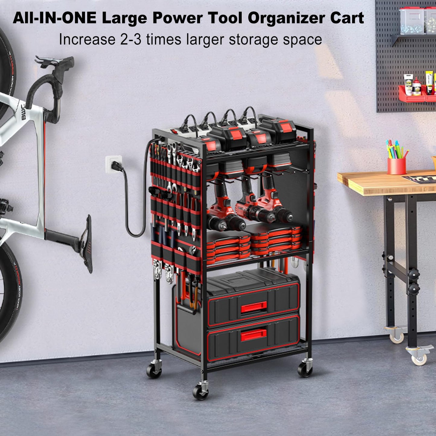 JUNNUJ Large Power Tool Organizer Cart with Charging Station, Garage Floor Standing Rolling Drill and Tools Battery Storage Cart on Wheels, Heavy Duty Utility Rack Shelf with 8 Outlet Power Strip, Red