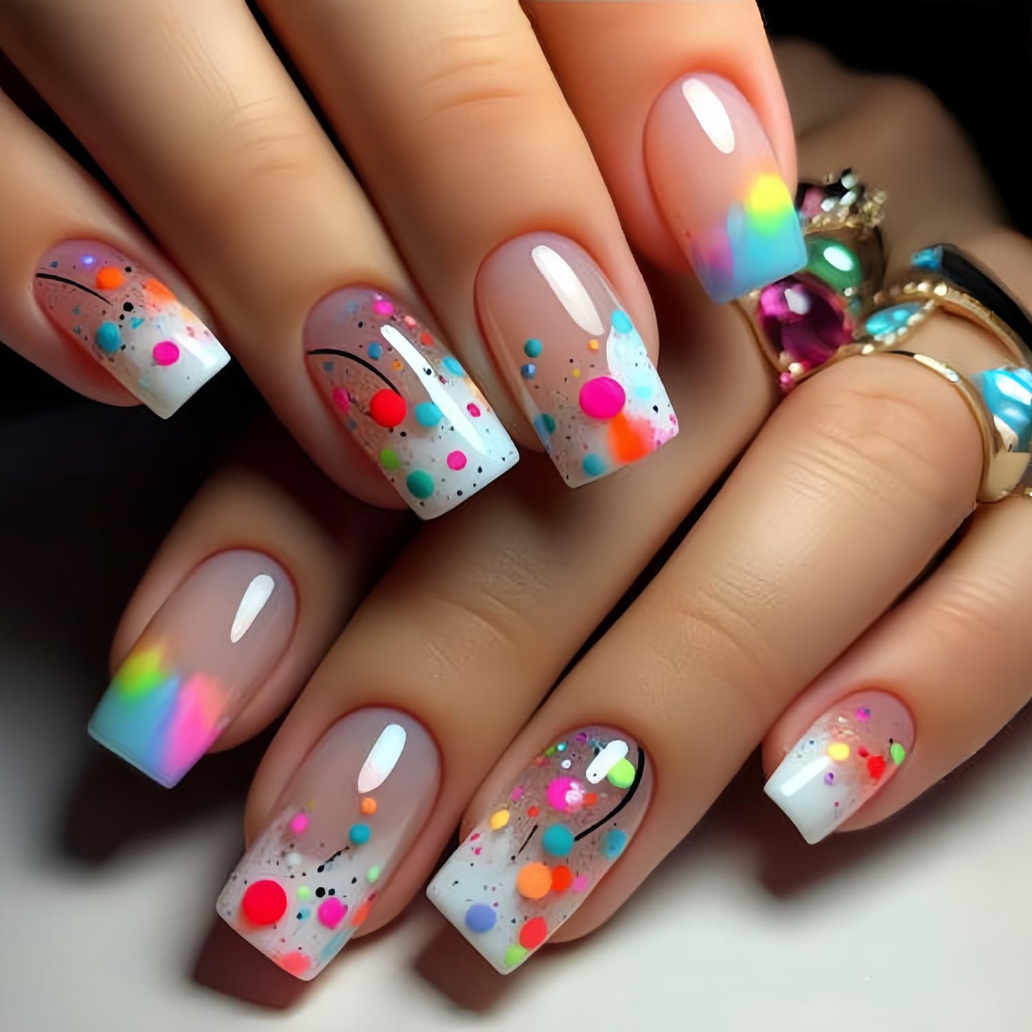 TBRZTR Press on Nails Medium Length Square False Nails Colorful Gradient Acrylic Nails Full Cover Artificial Coffin Nails Press Nails with Design Acrylic Smudge Nails 24Pcs Glue on Nails for Women