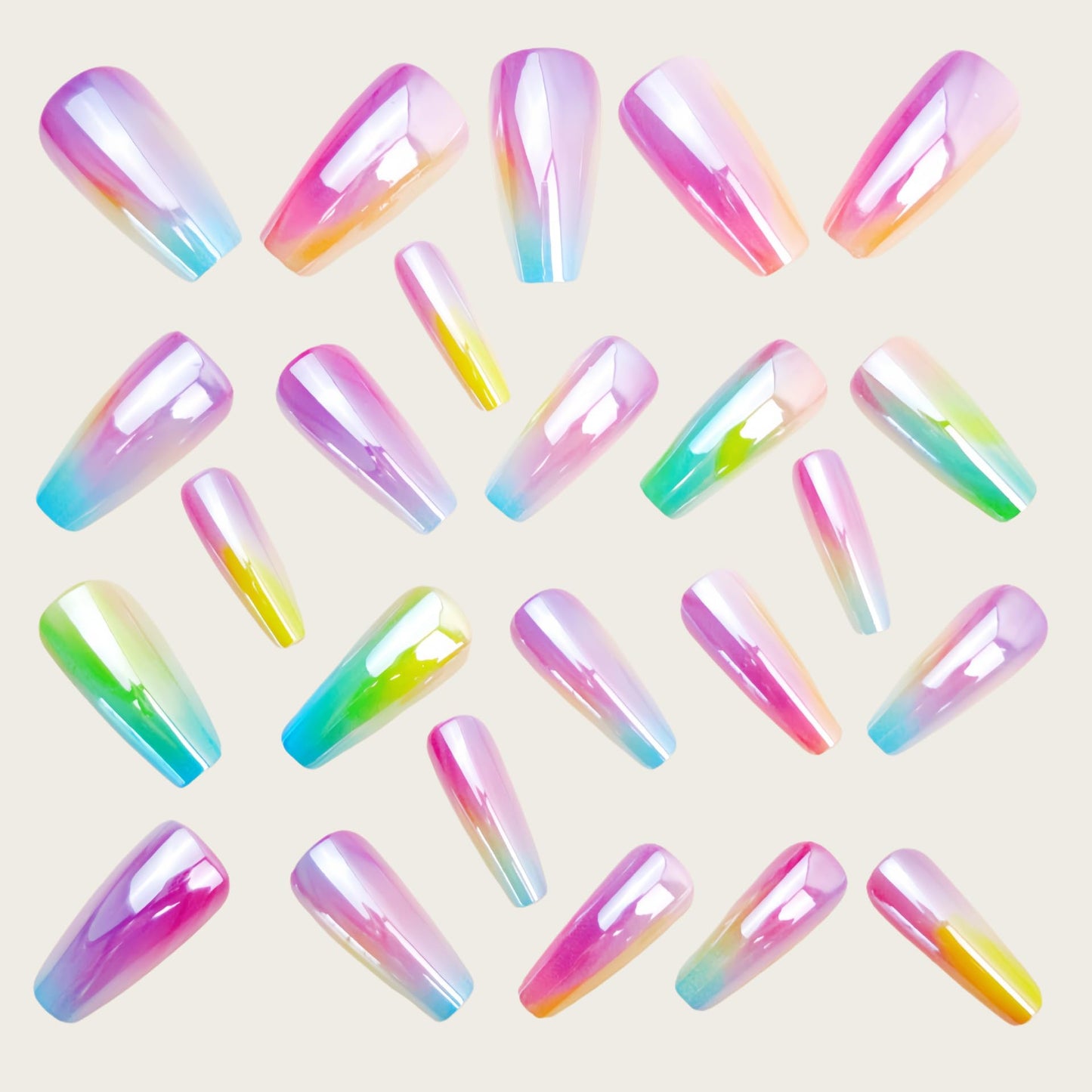 Chrome Press on Nails Medium Coffin Fake Nails Dreamy Rainbow Aurora False Nails Laser Glossy Full Cover Stick on Nail Reusable Artificial Glue on Nails for Women Manicure 24Pcs