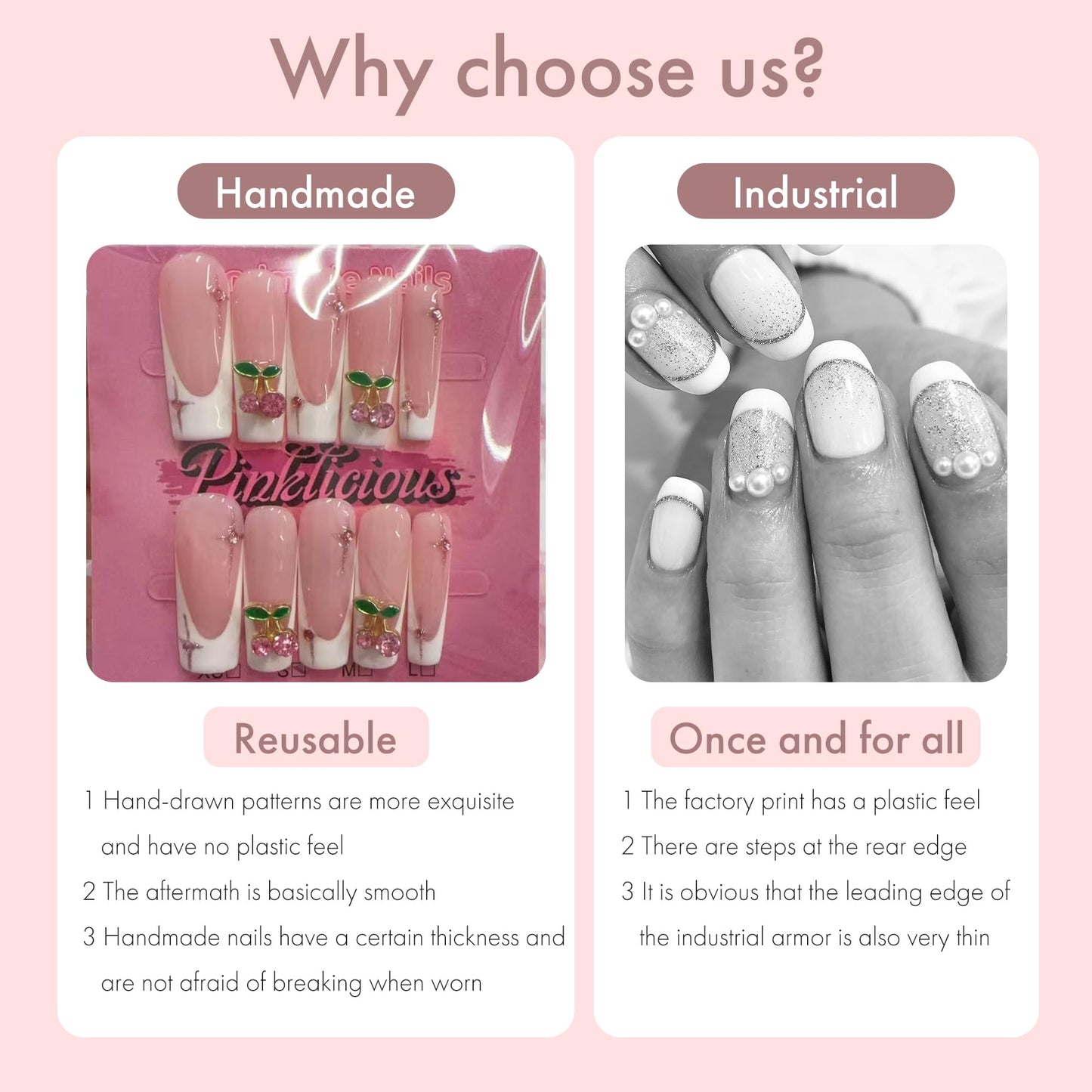 Pinktlicious Pink French Tip Press On Nails - Long Coffin Reusable False Nails with Cherry Rhinestones, Glue-On Artificial Nails for Women’s Daily & Party Manicure (S)