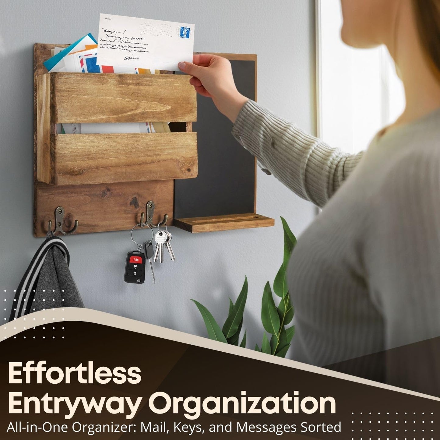 Flexzion Rustic Wood Entryway Mail Sorter Holder, Wall Mount Mudroom Storage Organizer with Blackboard Chalkboard Memo Board Message Sign & Key Hook Rack/f Front Door Furniture Accessory Home Office
