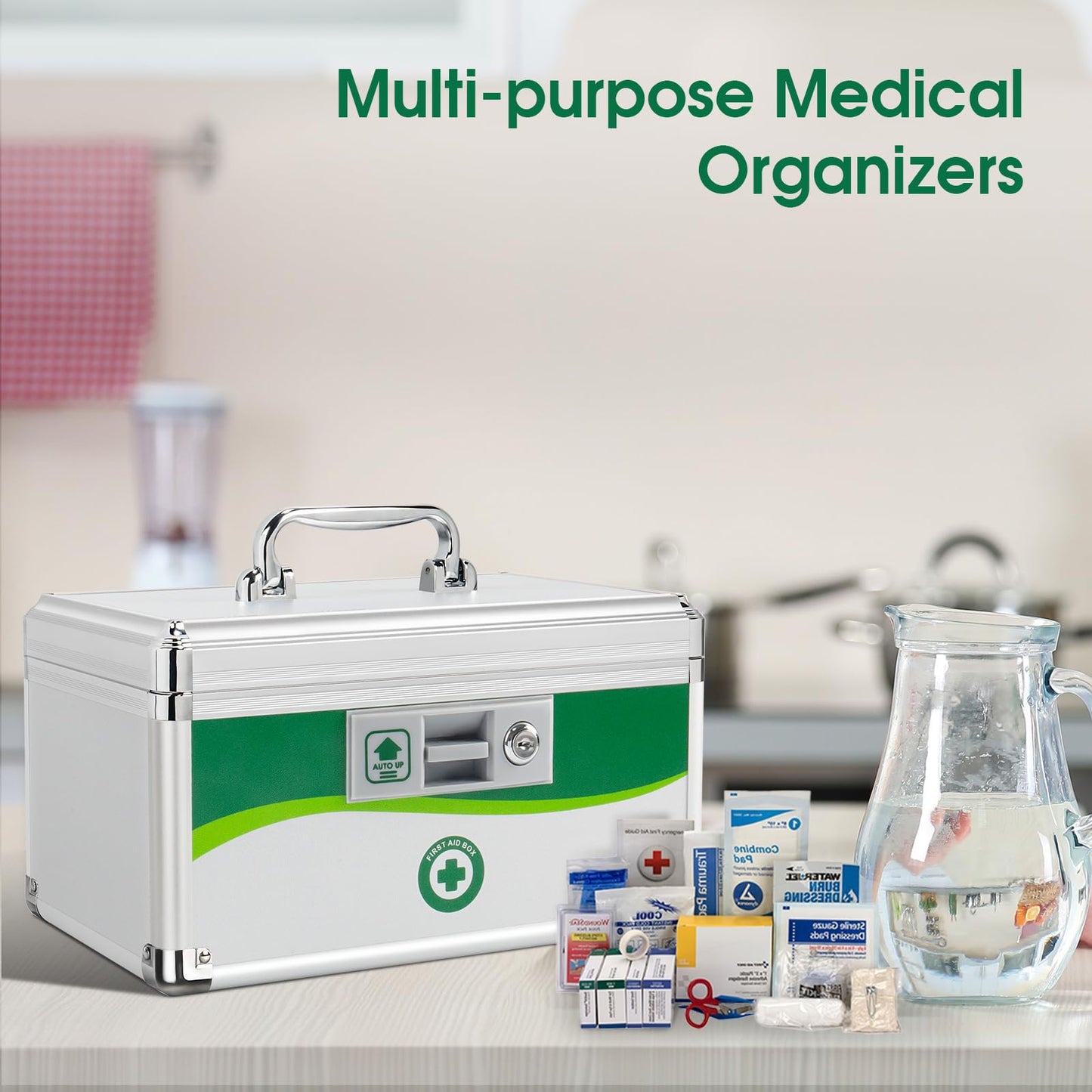 Medicine Lock Box, First Aid Safe Medication Storage Box, Layered Aluminum Daily Medicine Lockable Box with Key (Size-Large 14 * 8.5 * 7.5inch)