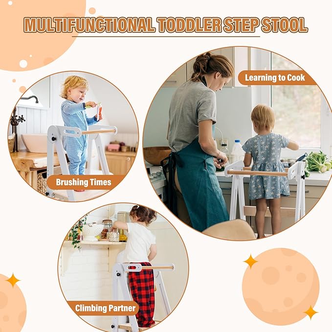 Foldable Toddler Kitchen Stool Helper - Adjustable Height Toddler Standing Tower, Kids Helper Stool with Safty Rail for Kitchen Counter Bathroom (White)