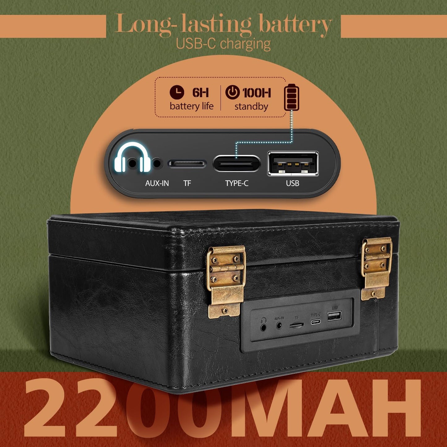 RetroBeat Time Vintage Portable Music Box – CD with Speakers, Bluetooth Transmitter, Rechargeable, USB/AUX, Multi‑Mode Gift(Black)