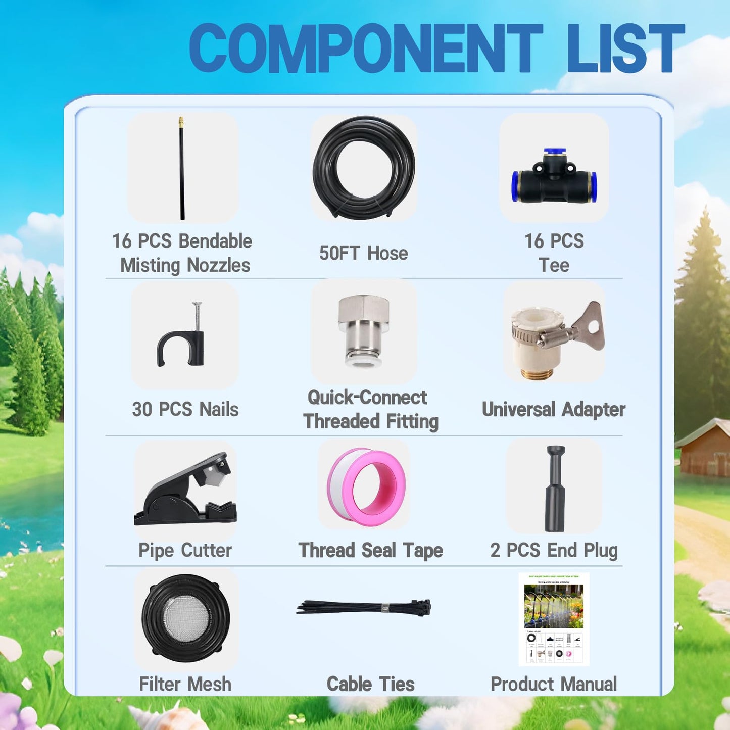 360° Adjustable Drip Irrigation System - 50FT 15/32inch Hose, High Water Flow，No Drying Out，Garden Watering Atomizing System with 16 Copper Nozzles，Suitable for Gardens, patios, Plants, Farms