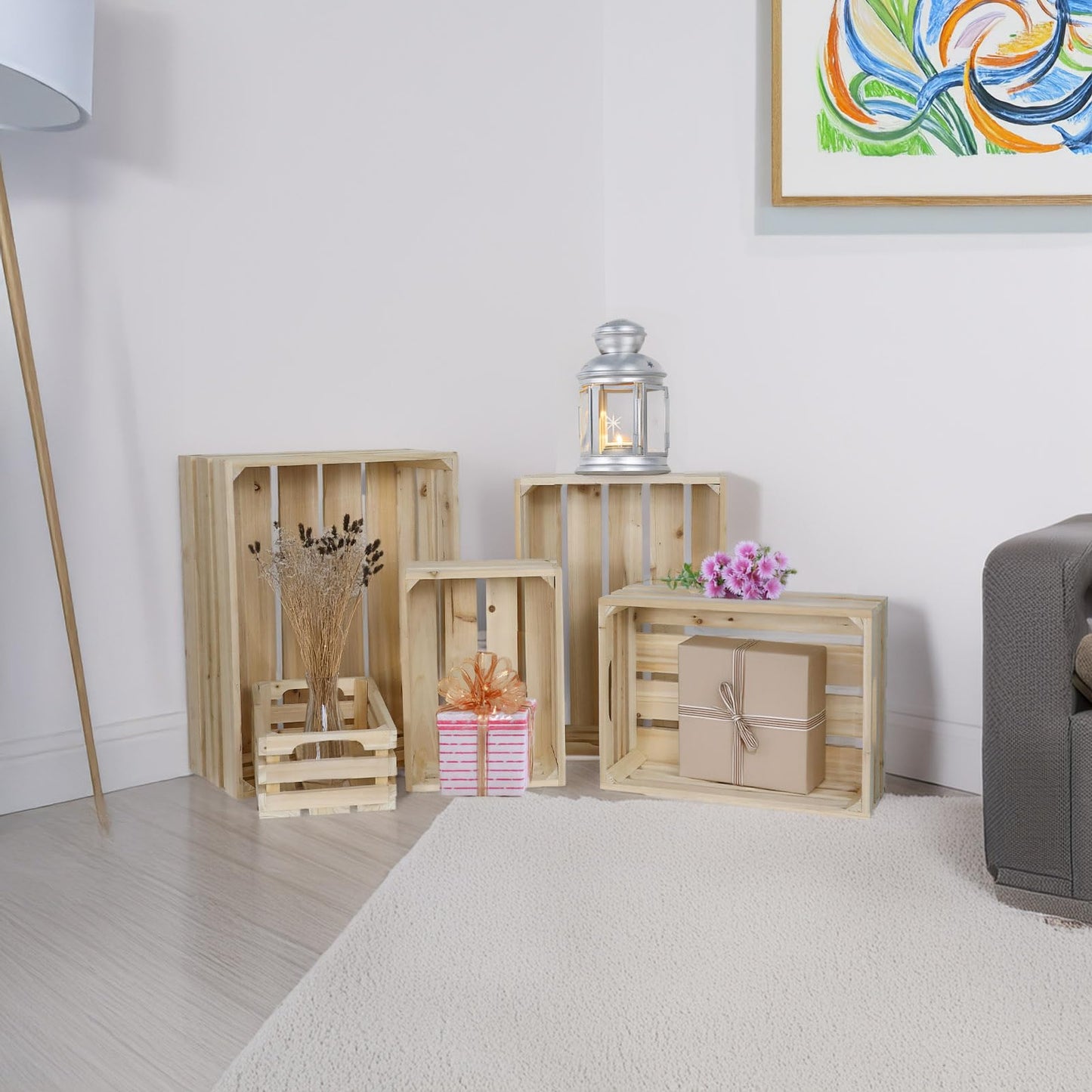 MACVAD 5-Piece Rustic Wooden Crates Unfinished Set, Wall Mountable Slatted Storage Crates with Handles, Farmhouse Wooden Crates for Display & Organizer for Home Decor