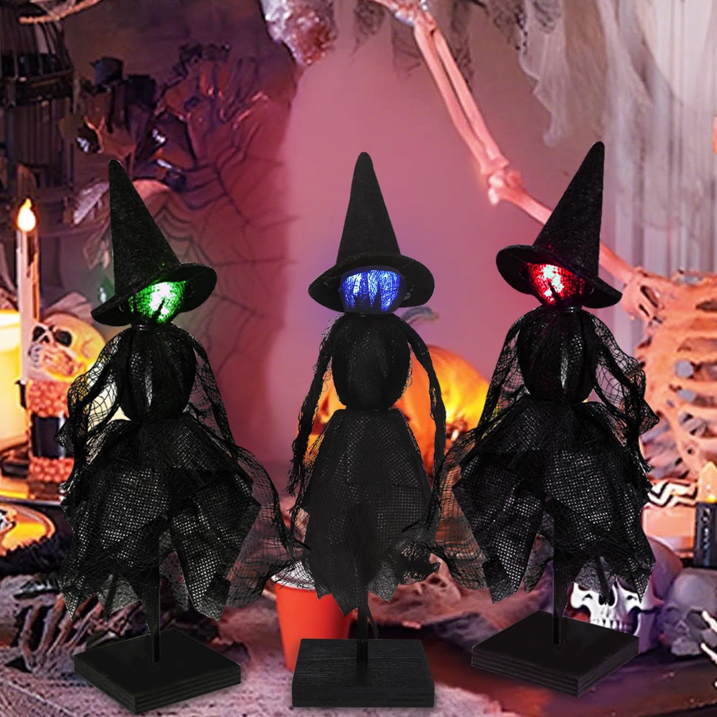 DIYDEC Witch Indoor Decorations 3pcs Halloween Witch on Wooden Stand With Light Up Halloween Table Centerpieces Signs for Home Shelf Mantels Kitchen Indoor Decorations Gifts