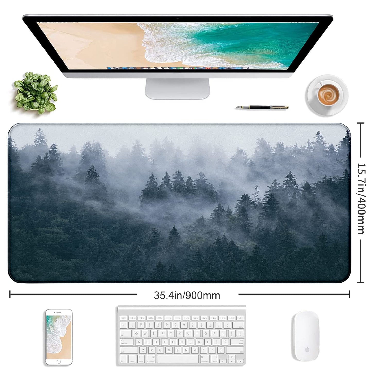 Large Extended Gaming Mouse Pad with Stitched Edges, Non-Slip Waterproof Rubber Base Mouse Pad for Office, Computer, Keyboard, Laptop and Home Desk Pad 35.4 x 15.7 x 0.12 Inch (Grey Forest)