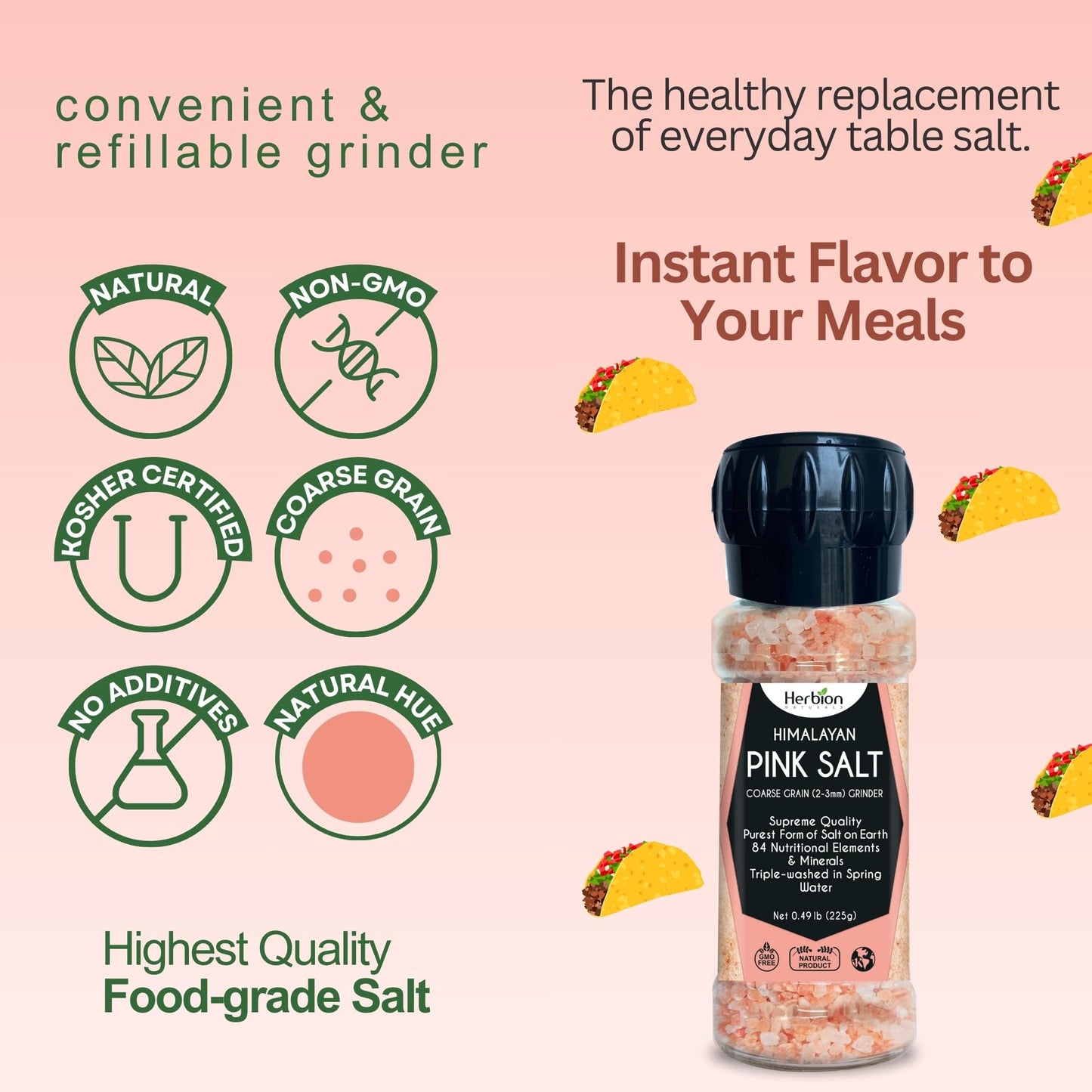 Herbion Naturals Premium Himalayan Cooking Essentials – Pink Salt 5 lbs & Salt Grinder Bottle | Mineral-Rich Seasoning, Pantry Staple & Fresh-Grind Flavor | 2-Piece Bundle