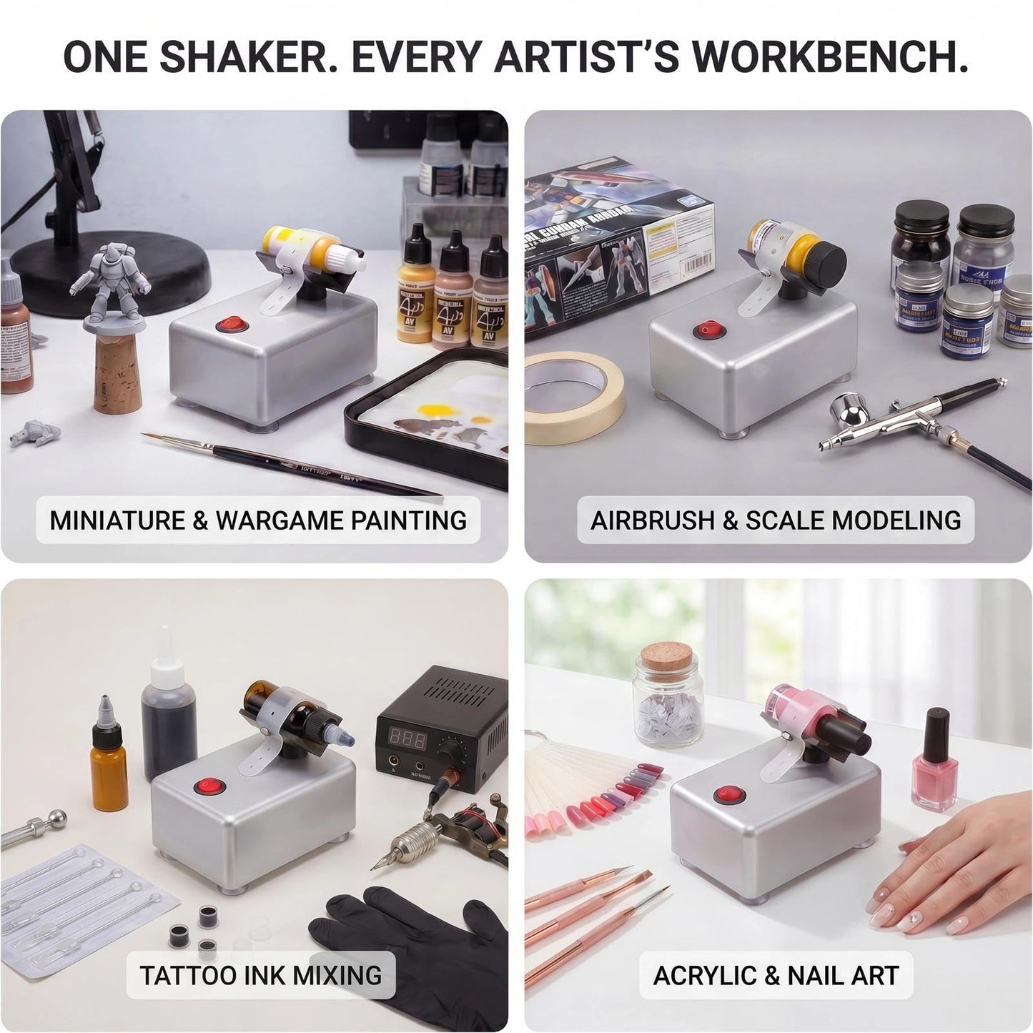 HUBEST Electric Paint Shaker for Model Hobby Kits & Miniatures - Professional Vortex Mixer for Dropper Bottles, Pots & Square Jars - Hands-Free Agitator for Airbrush Paints & Tattoo Inks (3200 RPM)