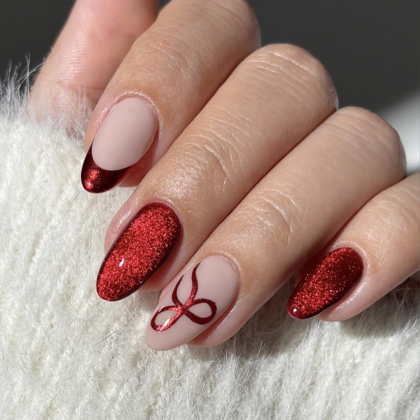 IMRAIN Press on Nails Red French Tip Fake Nails Medium Almond False Nails - Cat's Eye, Bow Designs Reusable Acrylic Artificial Glue on Nails 24Pcs DIY Manicure Decor