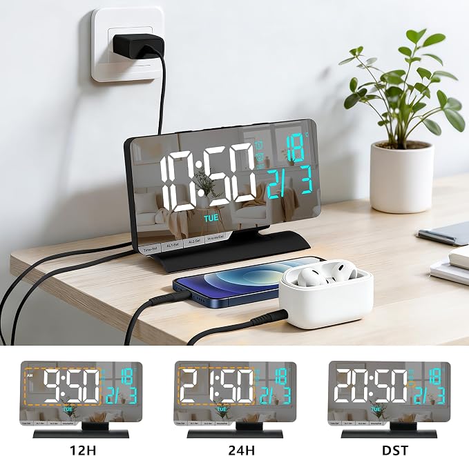SZELAM Digital Clock,Alarm Clock Bedside,7.3'' Large LED Mirror with Date
