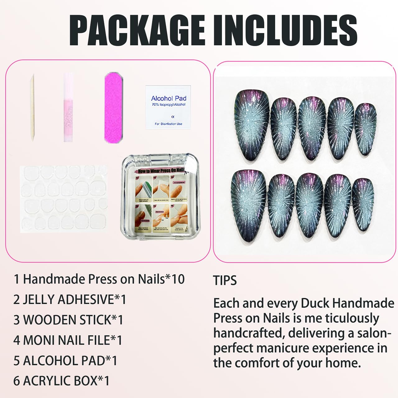 Handmade Press on Nails Popular Almond Shape with Ice Blue Cat Eye and Crushed Ice Design Handmade Stiletto Press on Nails 3D Cat Eye Press on Nail（S）