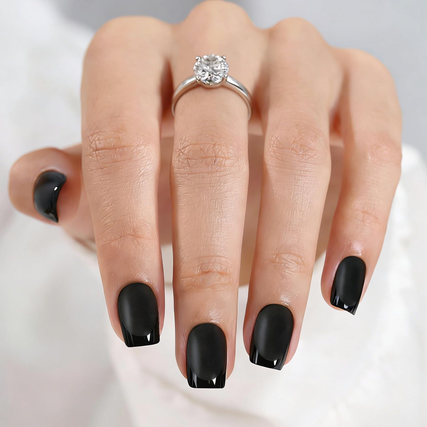 Black Press on Nails Short Square - Black Nails with Glossy French Tips in a Matte Finish, Soft Gel Fake Nails Glue On Nails in 16 Size - 32PCS Soft Gel Glue On Nails Kit