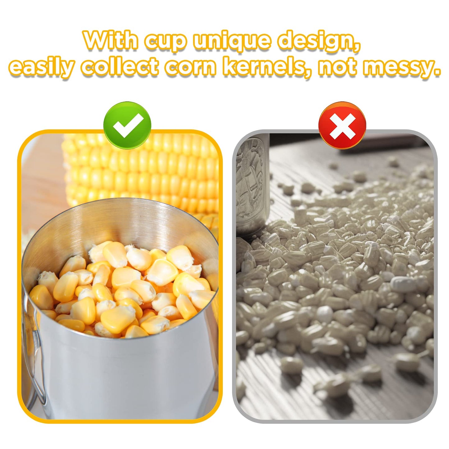 YYP Corn Cutter Peeler, Corn Cob Stripper with Cup [No Splatters or Mess], 304 Stainless Steel Corn on the Cob Remover Kitchen Tool, Corn Kernel Shucker Separator Slicer with Serrated Sharp Blade