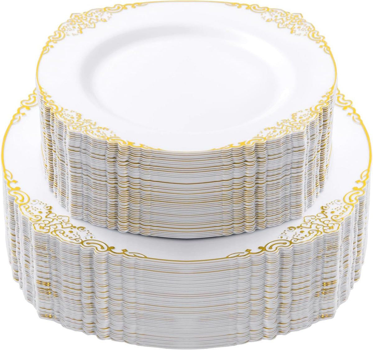 100 PCS White and Gold Plastic Plates for 50 Guests, Gold Disposable Plates Include 50 PCS Dinner Plates, 50 PCS Dessert Plates for Party, Wedding and Graduation