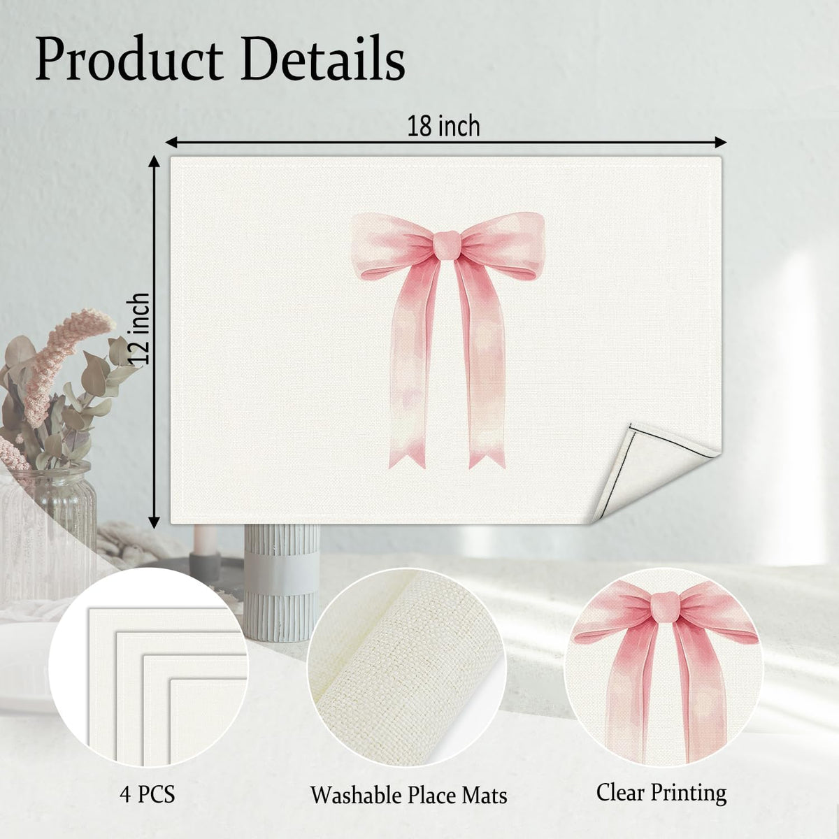 Pink Bow Placemats Set of 4, Table Mat for Home Kitchen, Restaurants, Outdoor Linen Washable Place Mats 12x18 inch Party Event Dining Decoration-05