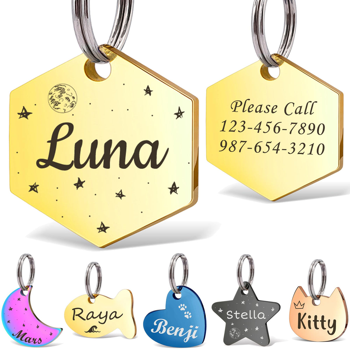 Anavia Small Size Dog Cat ID Tags, Small/XS Personalized Color Plated Stainless Steel Puppy Kitten Name Tags, Customized Engraved Nameplate Pet Collar Tag (Blue, Star)