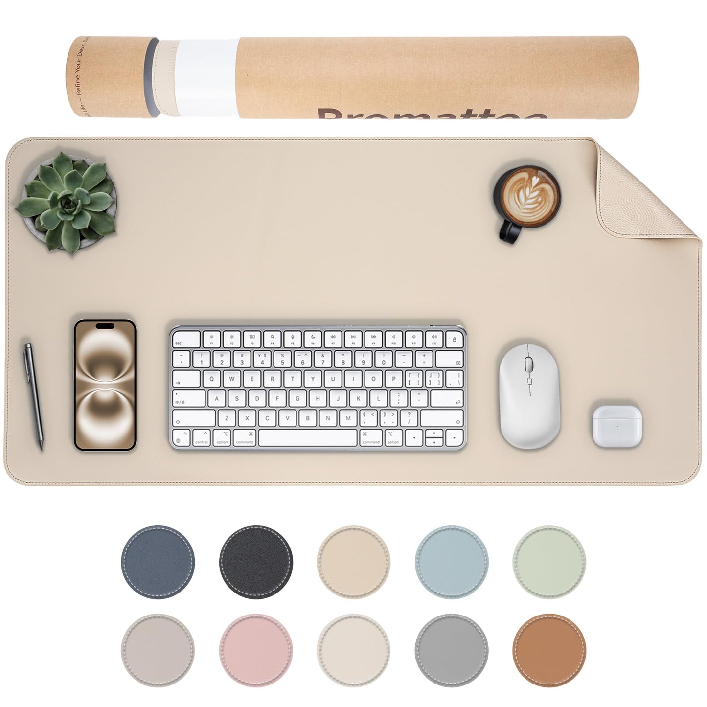 PROMATTOO Oversized Non-Slip Desk Pad Protector with Premium Gift Box – Vegan Leather Waterproof Laptop Mat for Keyboard & Mouse, Grips Desk Firmly – Large Office Pad– Warm Beige