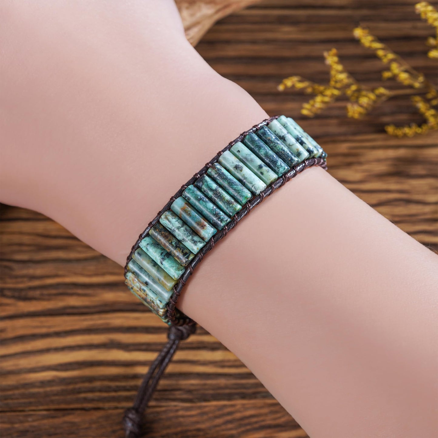 Plumiss Boho Natual African Turquoise Bead Green Version Stone 1 Wrap Bracelet for Men Women