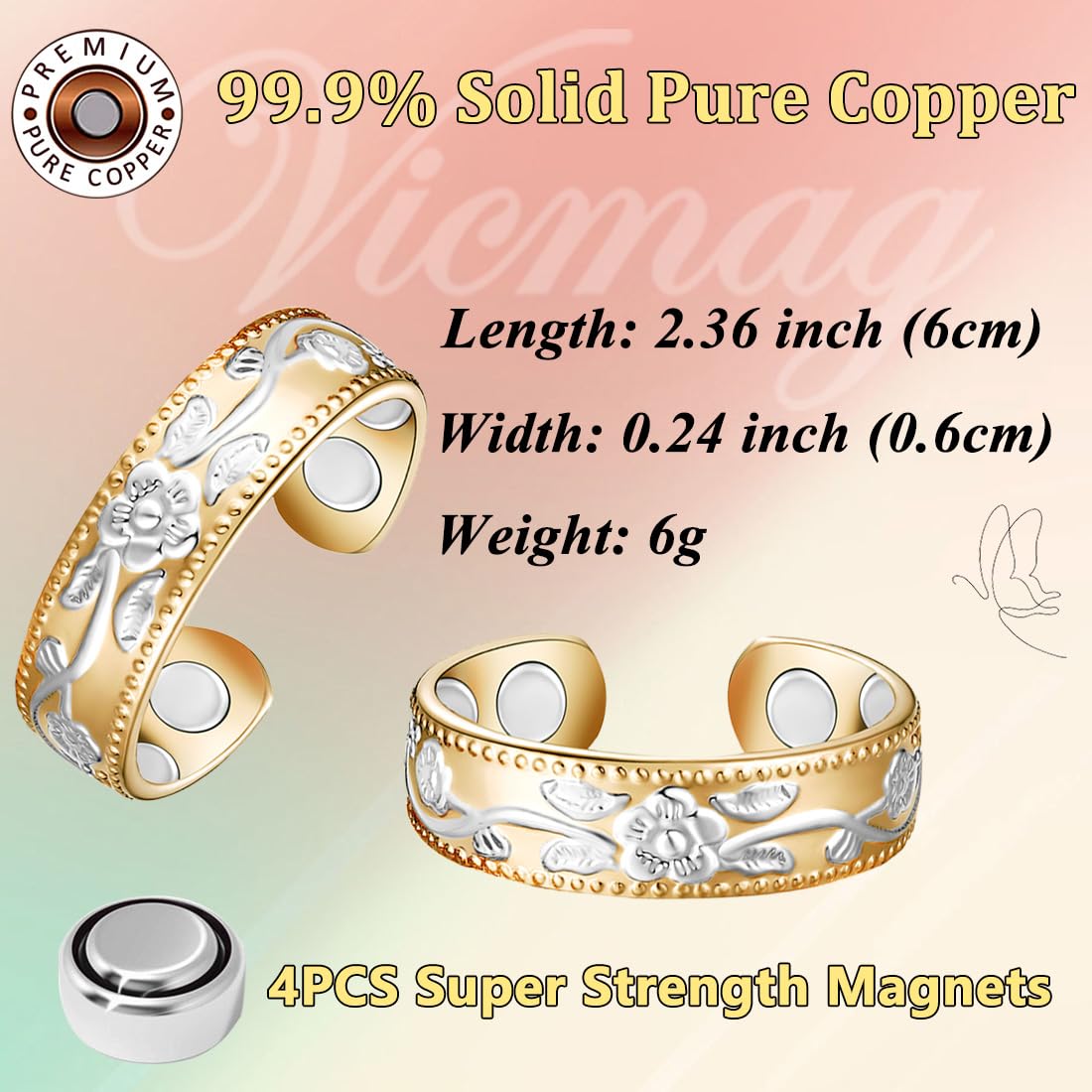 Vicmag Copper Magnetic Ring for Women Men 100% Solid Pure Copper Adjustable with Gift Box (Silver&Gold Plum)