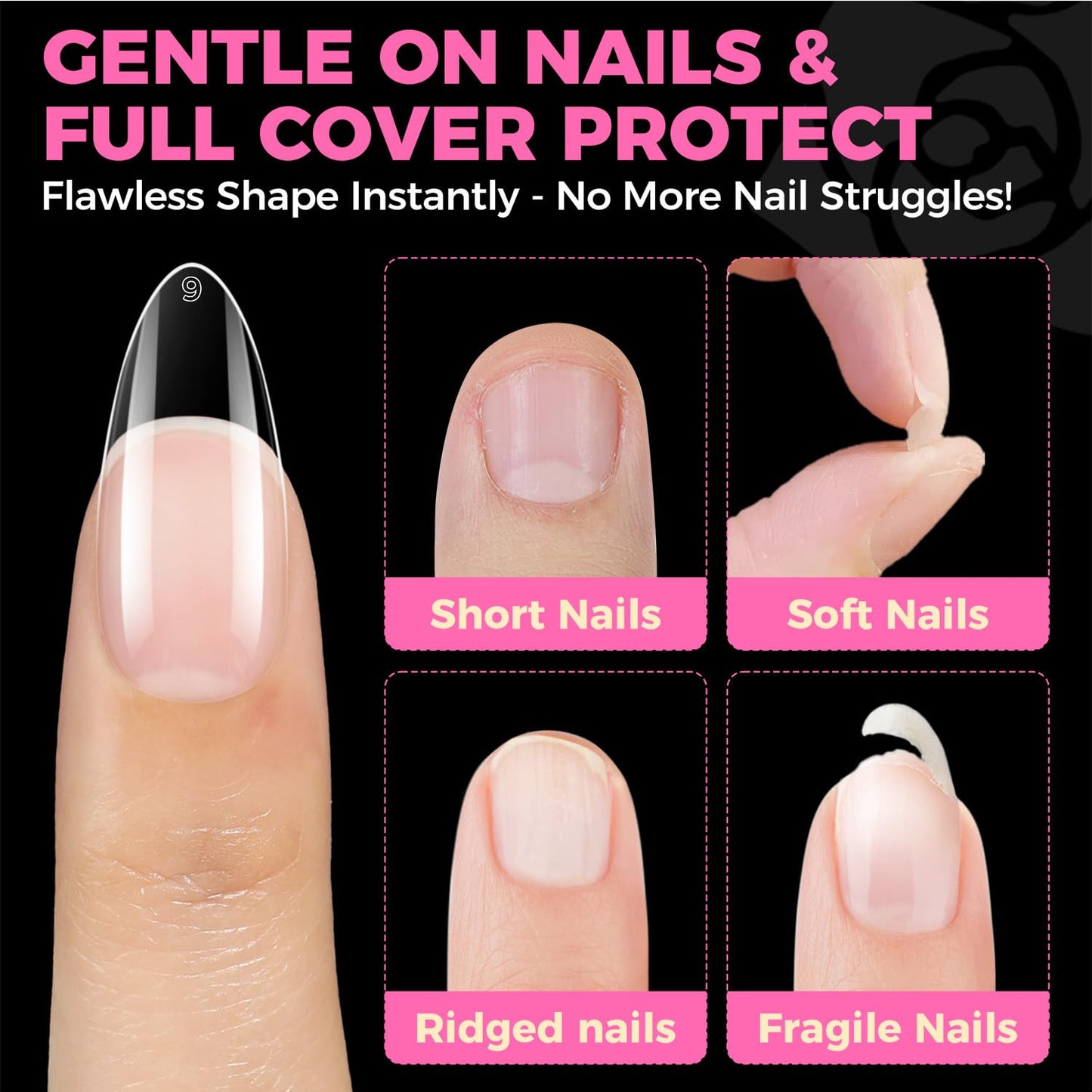 UNA GELLA Almond Gel Nail Tips, 504PCS Pre Etched Clear Fake Nails Tips Medium Almond Shape - 12 Sizes Full Cover Soft Acrylic Press On Nail Extensions No C Curve Gift for Diy at Home