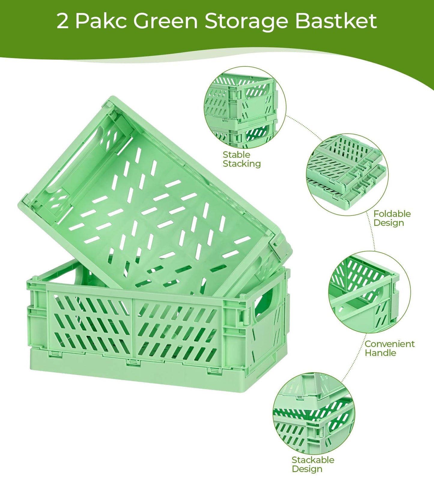HUUSMOT 4-Pack Small Pastel Plastic Storage Baskets, Collapsible Crates for Organizing, Space-Saving Mini Bins for Classroom, Kitchen, Office, Bedroom (Green, 9.8" x 6.5" x 3.8")