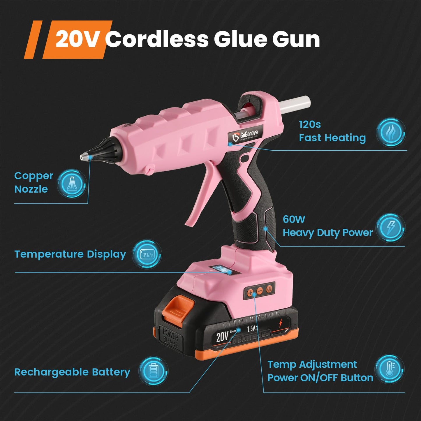 Full Size Cordless Glue Gun, GoGonova 20V Temp Adjust LCD Digital Display Fast Heating Accurate Dual Temp, Dripless Full Size Heavy Duty Hot Gun Kit with 12 Pcs Sticks (Battery Included)