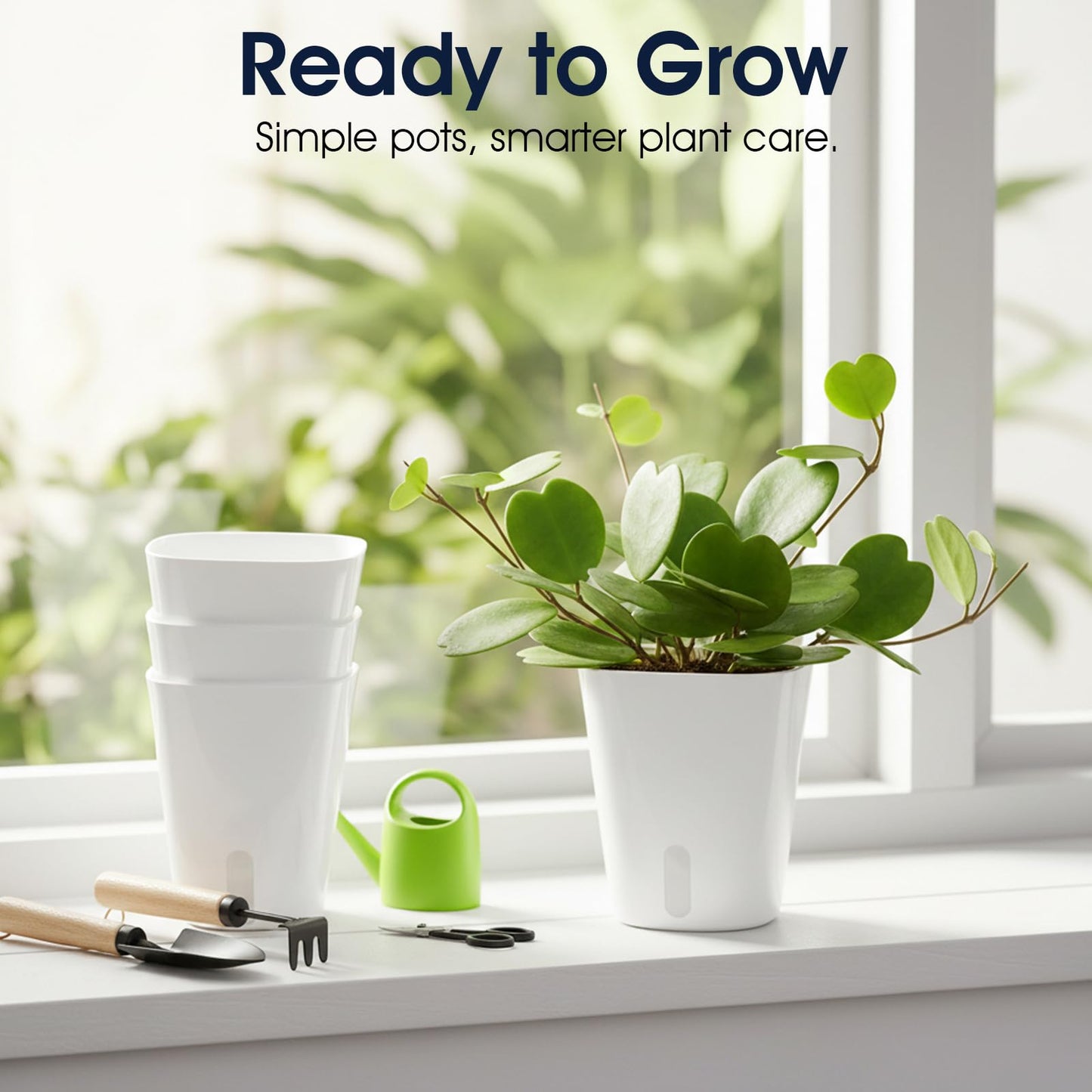 Douaowoc 8 Pack 4" Self Watering Pots for Indoor Plants, Clear Inner Cup, Small White Plastic Planters, Water Level Indicator, Drainage Holes, Extra Wick, Cuttings, Seedlings, African Violets