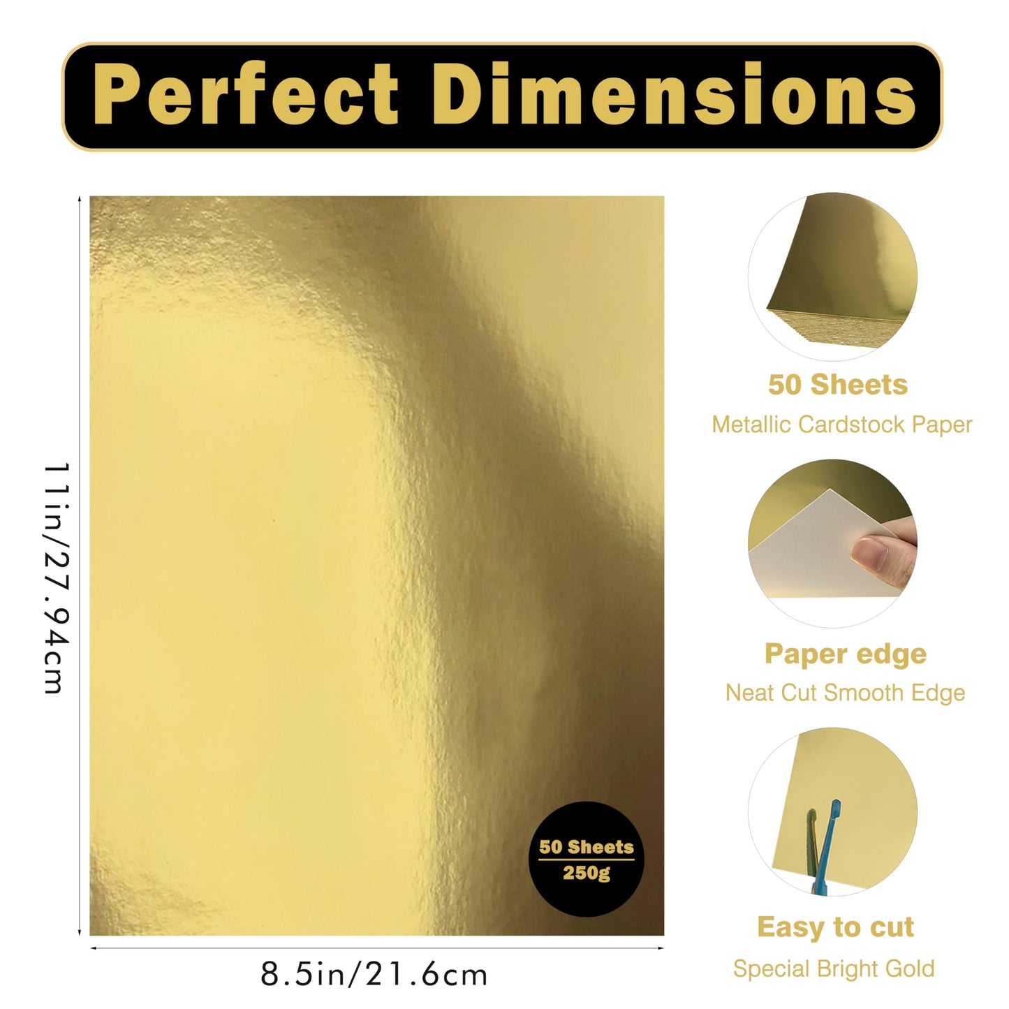 Erilano Gold Cardstock Paper 50 Sheets, 8.5x11 Inch Premium 92lb/250GSM Glossy Metallic Foil Paper, Mirror Finish for Wedding Invitations, Card Making, Certificates, Scrapbooking