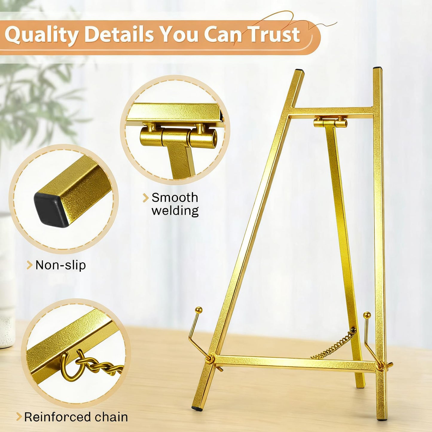BeeCoAoo 16.5" Metal Easel Stand for Sign – Elegant Table Top Easel for Display, Heavy Duty Tabletop Picture Easel Stand for Wedding Sign, Picture Frame, and Art (Gold)