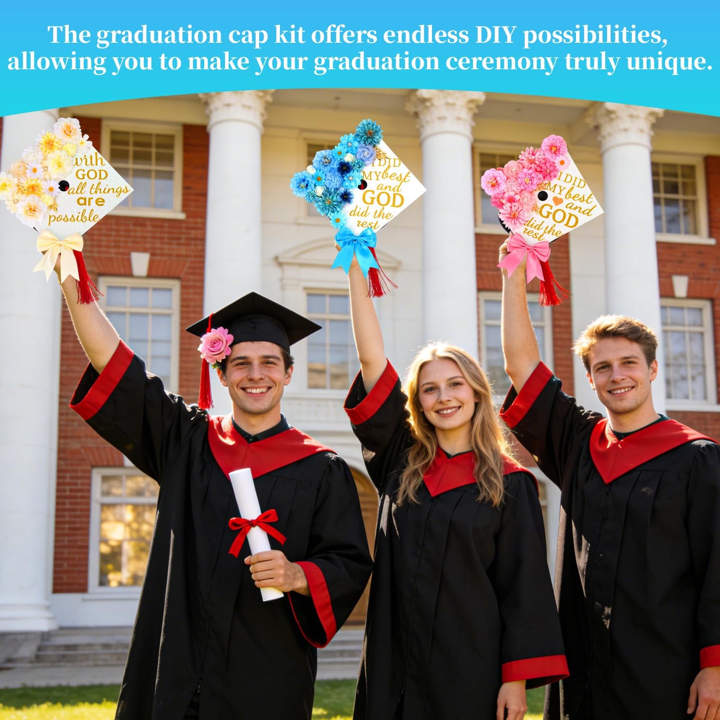 66Pcs Graduation Cap Decorations Graduation Cap Decorations kit Included Faux Flower Heads3D Butterfly Stickers for DIY Grad Cap Topper Grad Party Decor(Blue)