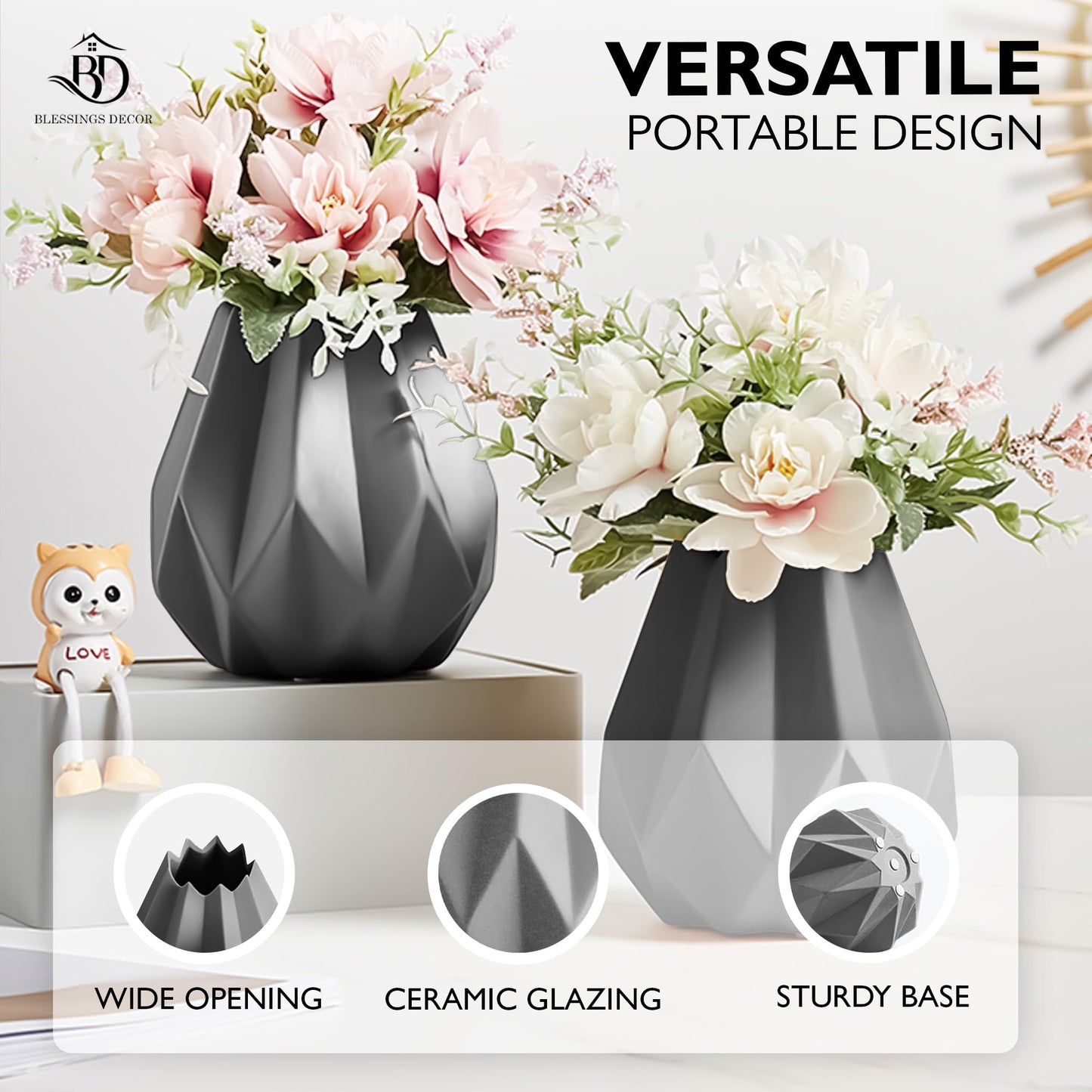 Blessings Decor Ceramic Flower Pots Indoor Plant Pots Small Flower Pots ceramic modern vase (Grey)