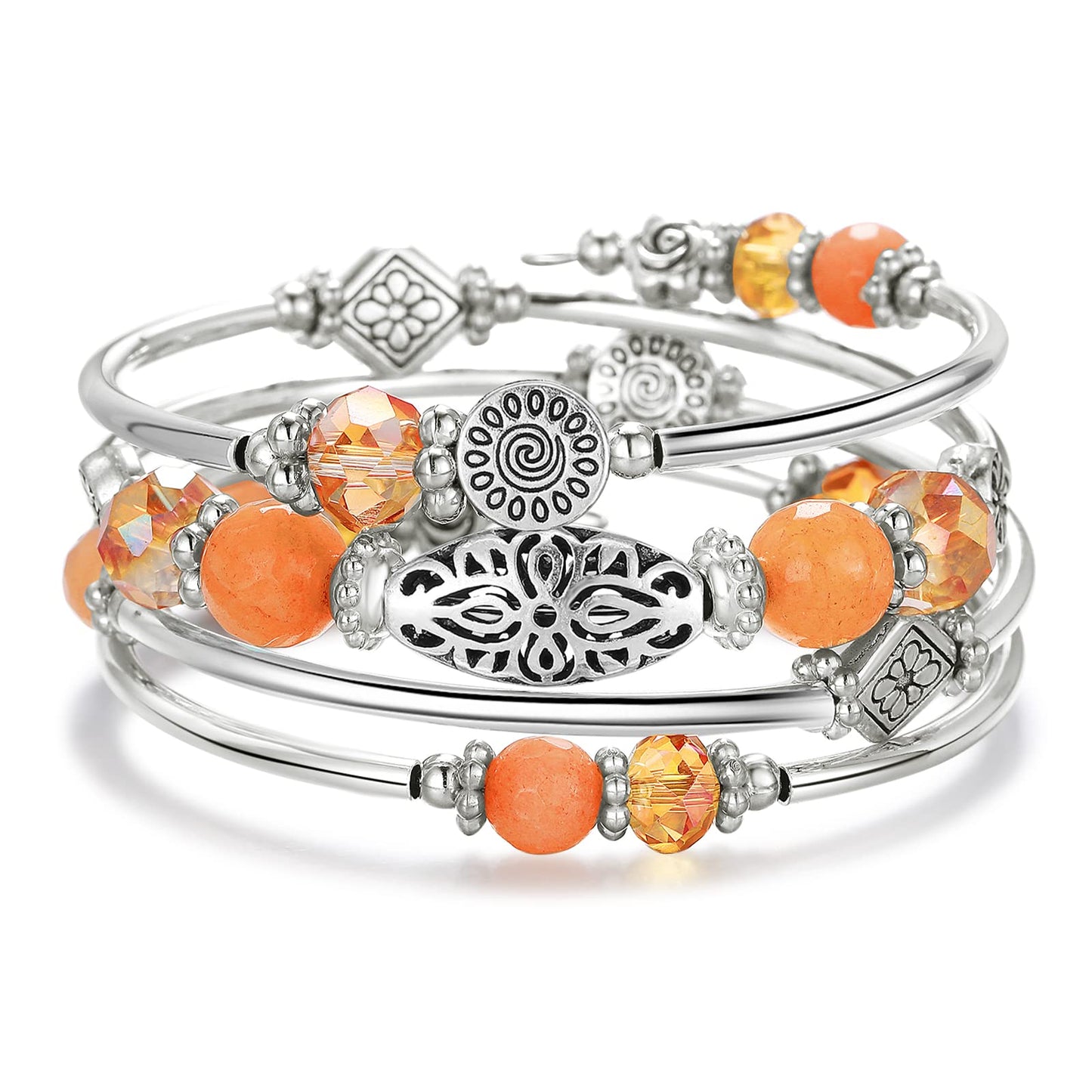 FULU AUTUMN Stackable Beaded Bracelets for Women Boho Wrap Silver Bracelet Layered Fashion Jewelry Gifts for Her(Orange)