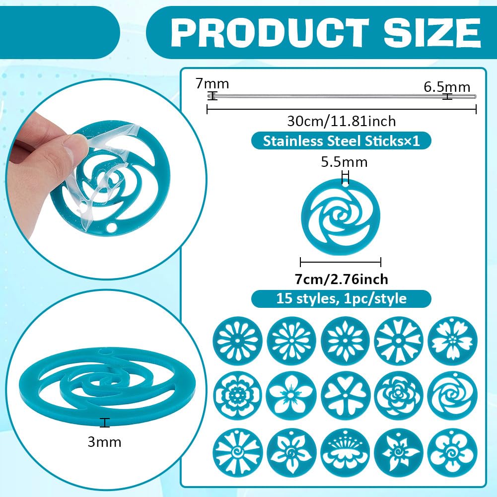 BENECREAT 15Pcs Set Acrylic Soap Mold Kaleidoscope Pull Through Mold Flower Shape Mold with Stainless Steel Stick for DIY Craft, Candle & Cake Decoration