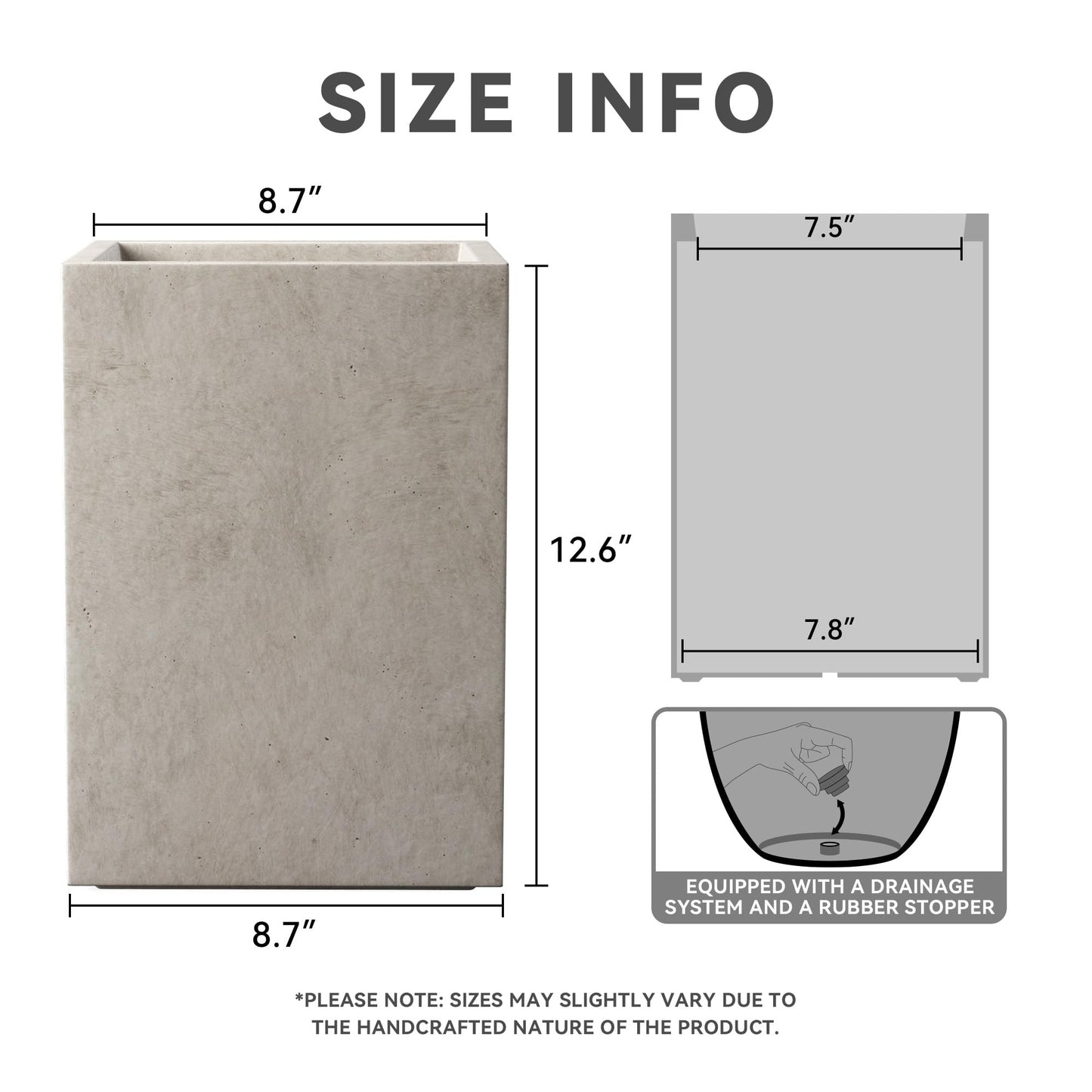 Kante 12.6" H Tall Rectangular Concrete Planters, Outdoor Indoor Lightweight Plant Pots with Drainage Hole and Rubber Plug, Modern Style for Home Garden Patio, Weathered Concrete