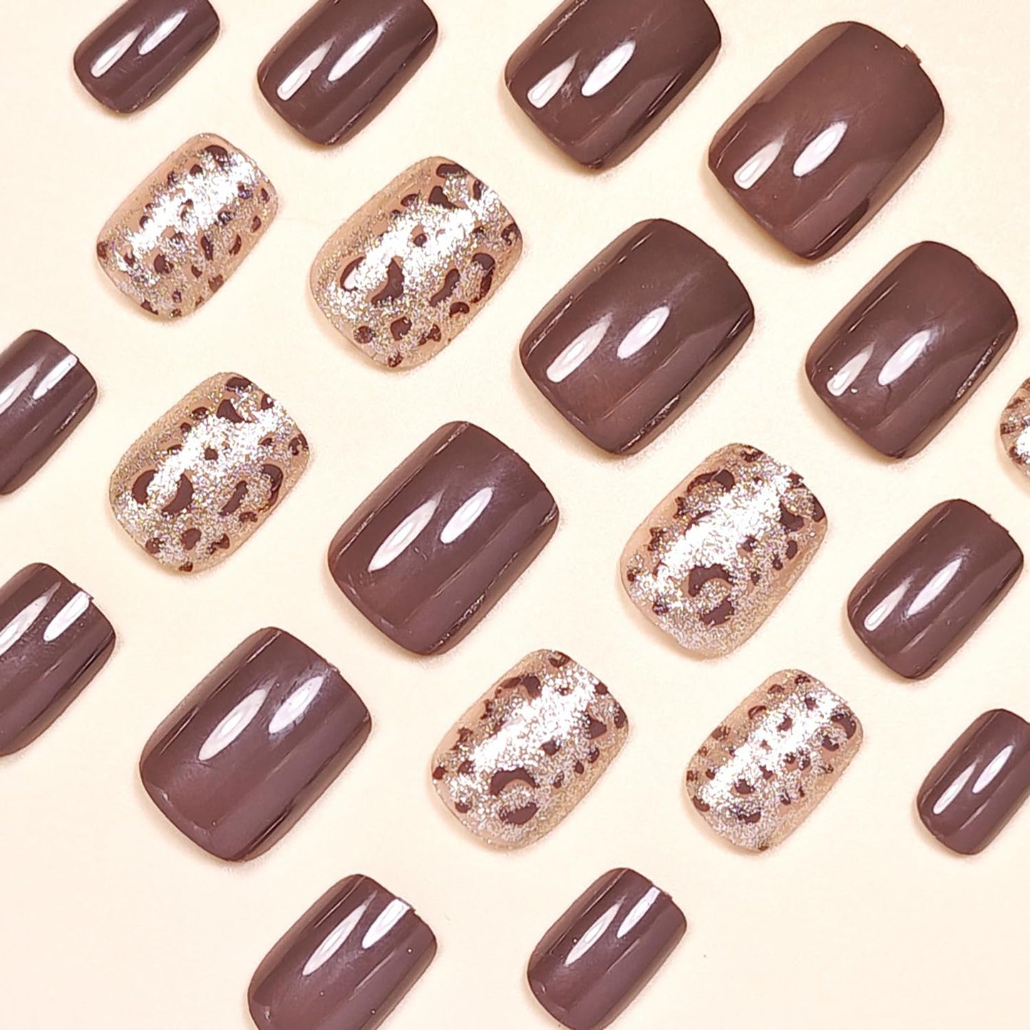 24Pcs Press On Nails Short Square Fake Nails Press Ons With Leopard Print Design False Nails Glitter Acrylic Nails Brown Glossy Glue On Nails For Women