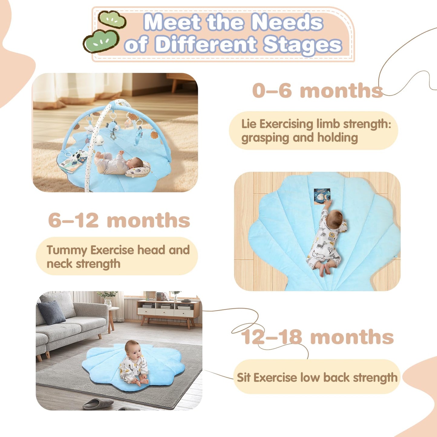Baby Play Gym Mat, Oversize Tummy Time Activity Mat for Babies 0-6 Months, Shells Baby Play Mat with 6 Detachable Toys, Baby Essentials Mat for Floor Sensory Exploration Motor Skill Development (Blue)