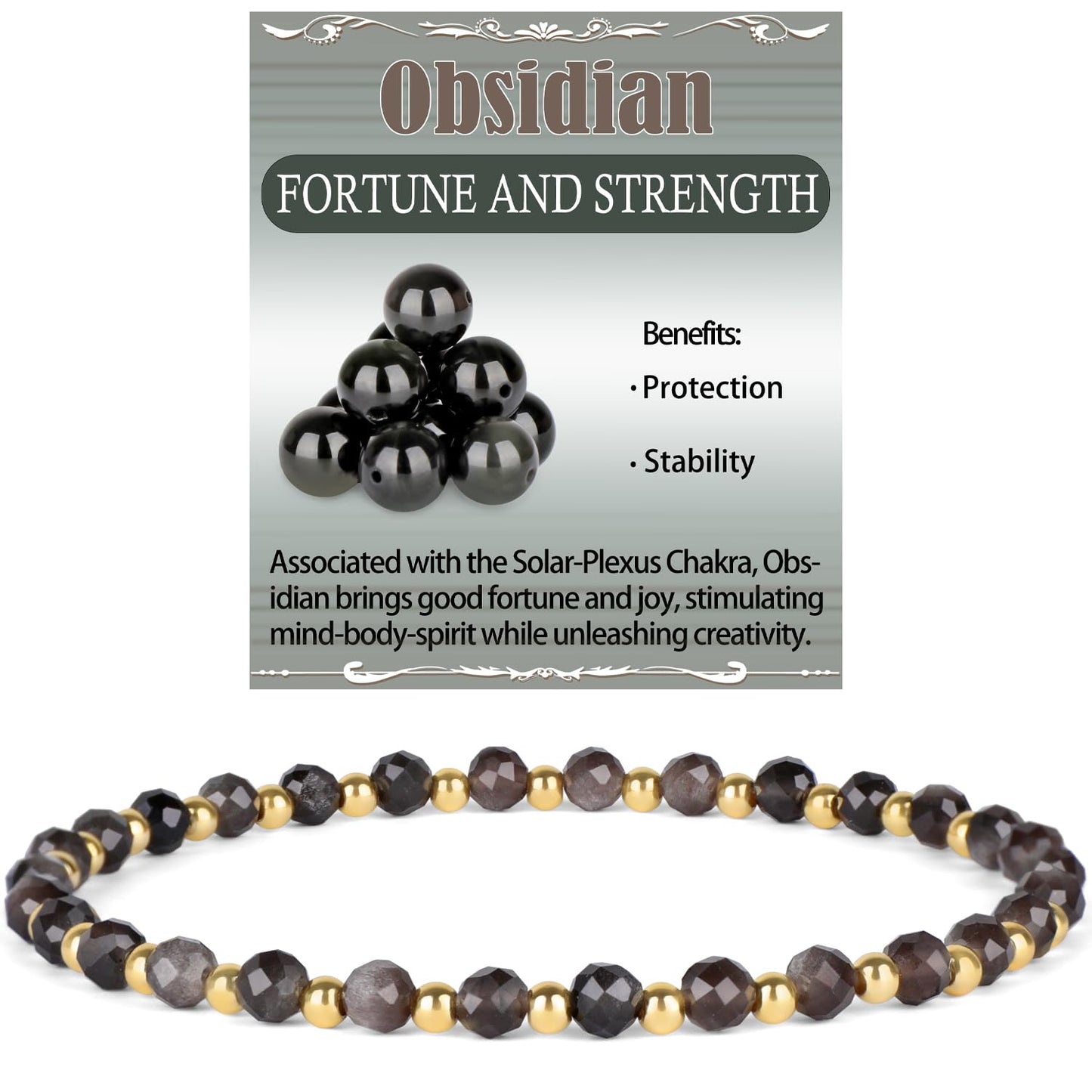 QOGIR Silver Obsidian - Fortune and Strength - 14K Gold Plated Beads Natural Gemstone Stretch Elastic Dainty Healing Beaded Bracelets Gifts 4mm