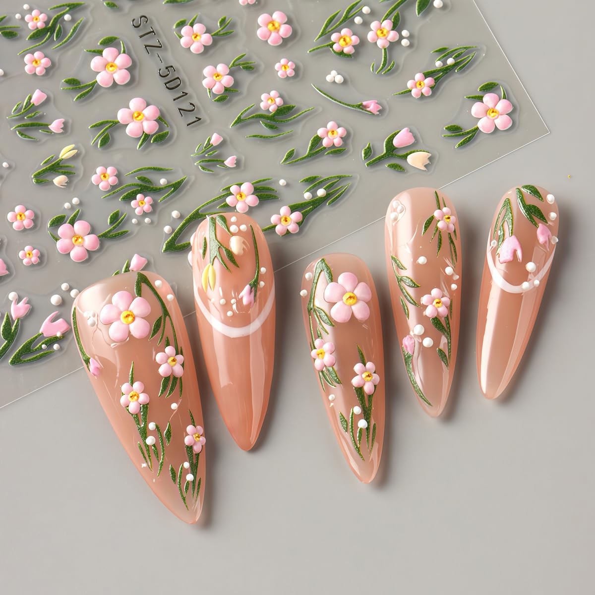 3 Sheets Flower Nail Art Stickers Decals 5D Self-Adhesive Nail Decals Spring/Summer Pink Peach Blossom Designs, Self-Adhesive Decals for Women's Nail DIY Decoration
