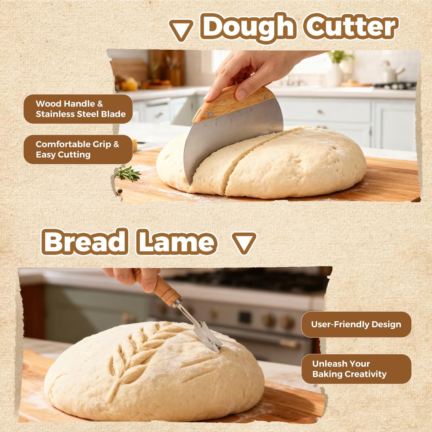 Complete Bread Proofing Basket Kit | All-in-One Set with Banneton(9 in), Sourdough Starter Jar Kit, Bread Lame, Dough Scraper, Whisk, Cutter & Tools
