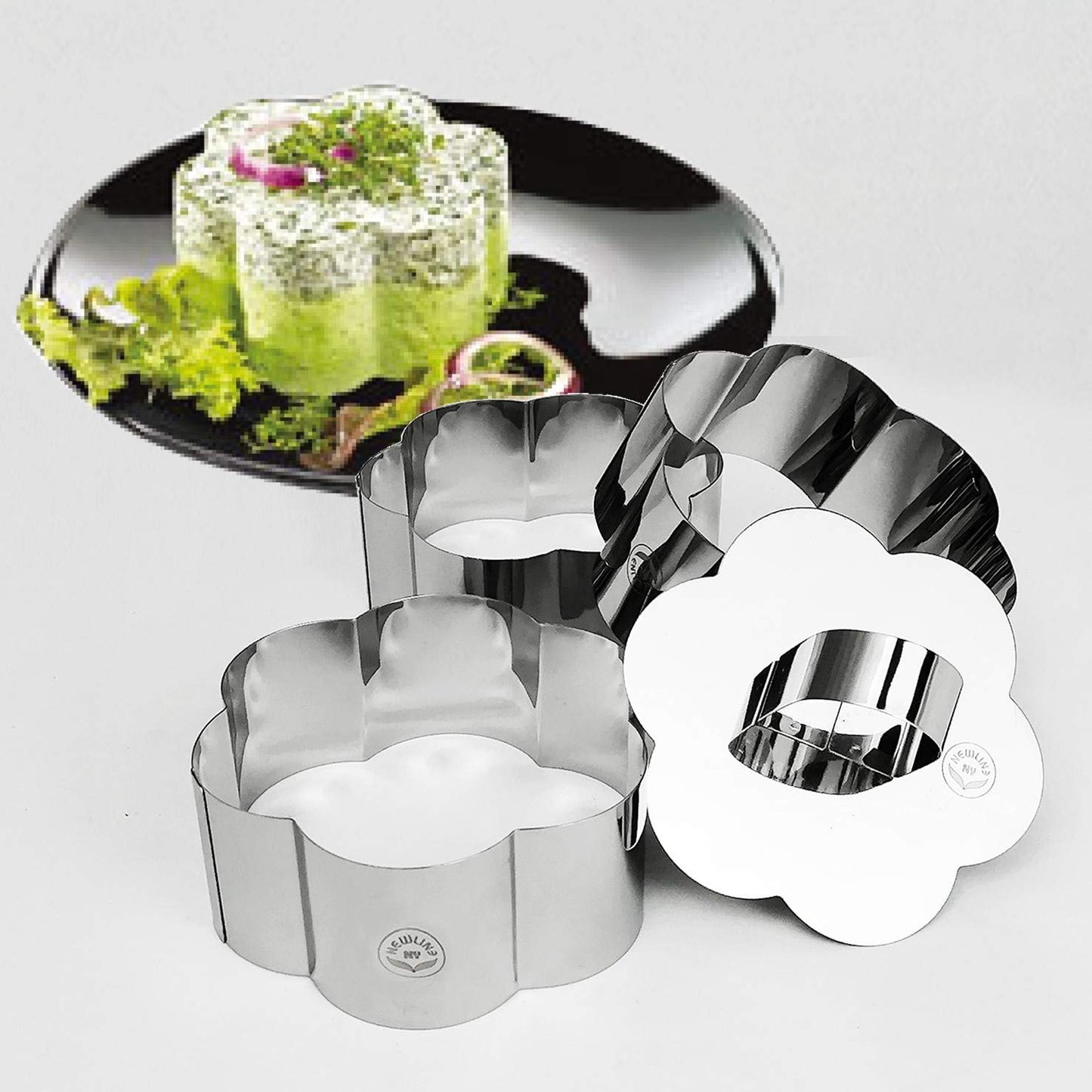 NewlineNY Stainless Steel Dessert Rings (4 Pcs) Flower Shape Molded Appetizers Salads Pastries Mousse Molding Layering Cutter