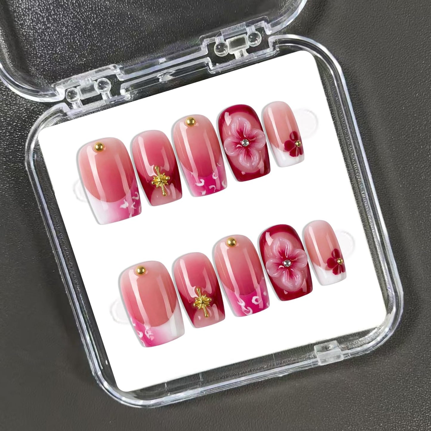 Handmade Press on Nails Pink Gradient French Tip Fake Nails with 3D Flower Design Luxury Short Square Handmade False Nail Muti-Layer Gel Thick Acrylic Nails for Women Manicuare (S)