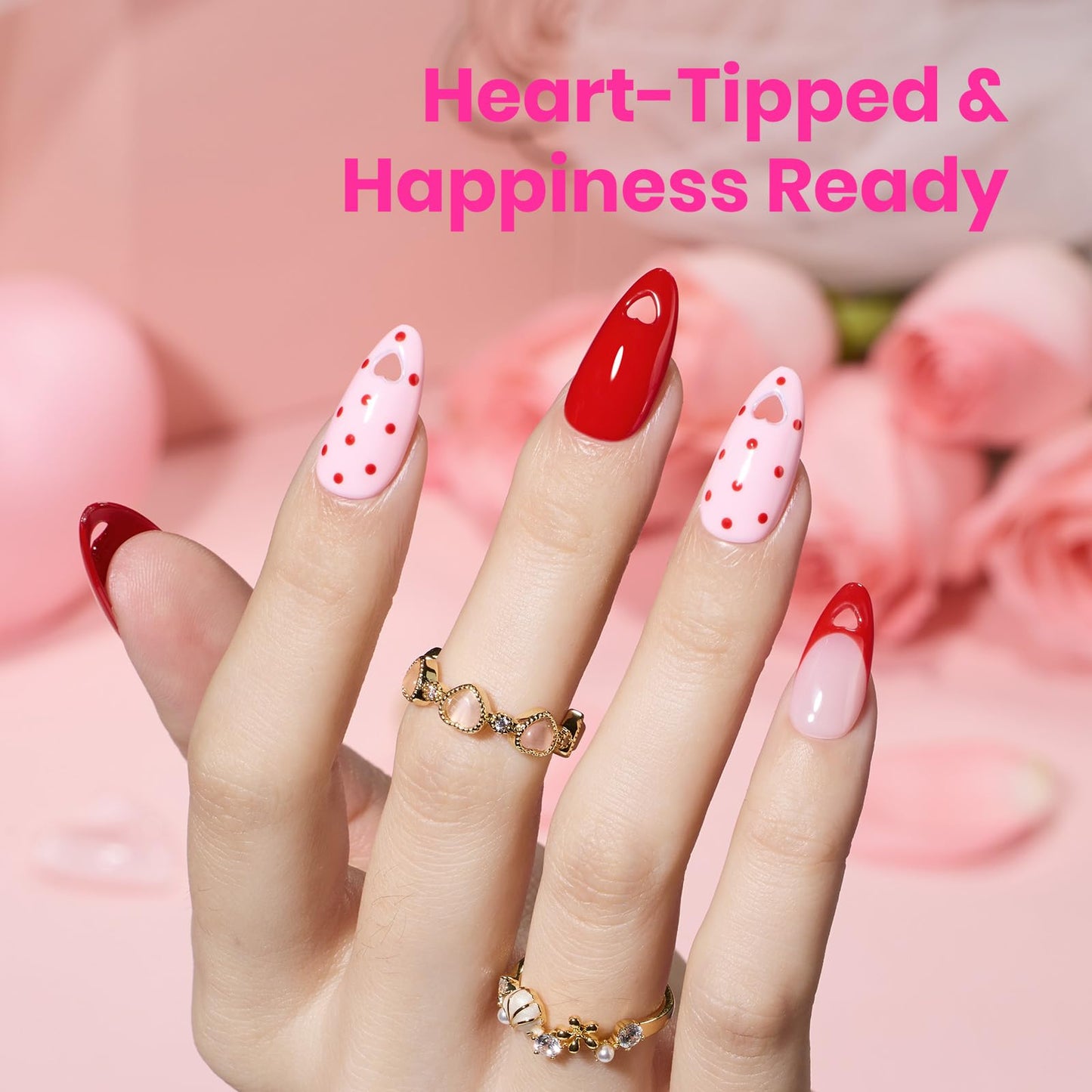 Beetles Tipex Lite Heart Cutout Nail Tips, Pre-Built Instant Apex Almond Medium, 16 Sizes 256pcs, Flat Nail Friendly Acrylic Tips, Easy DIY for Beginners